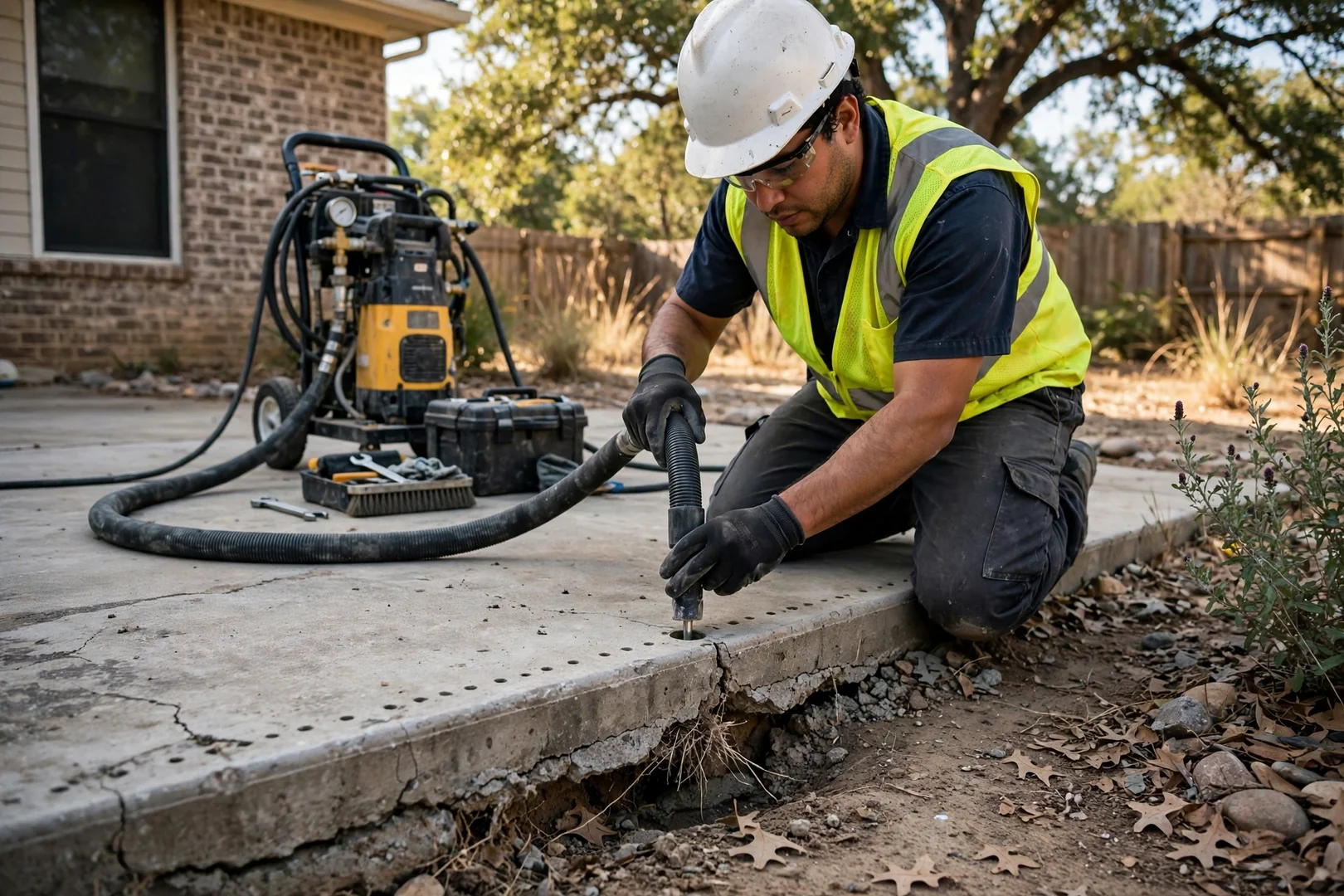 Technician guiding polyurethane foam injection hose along a settled patio slab edge