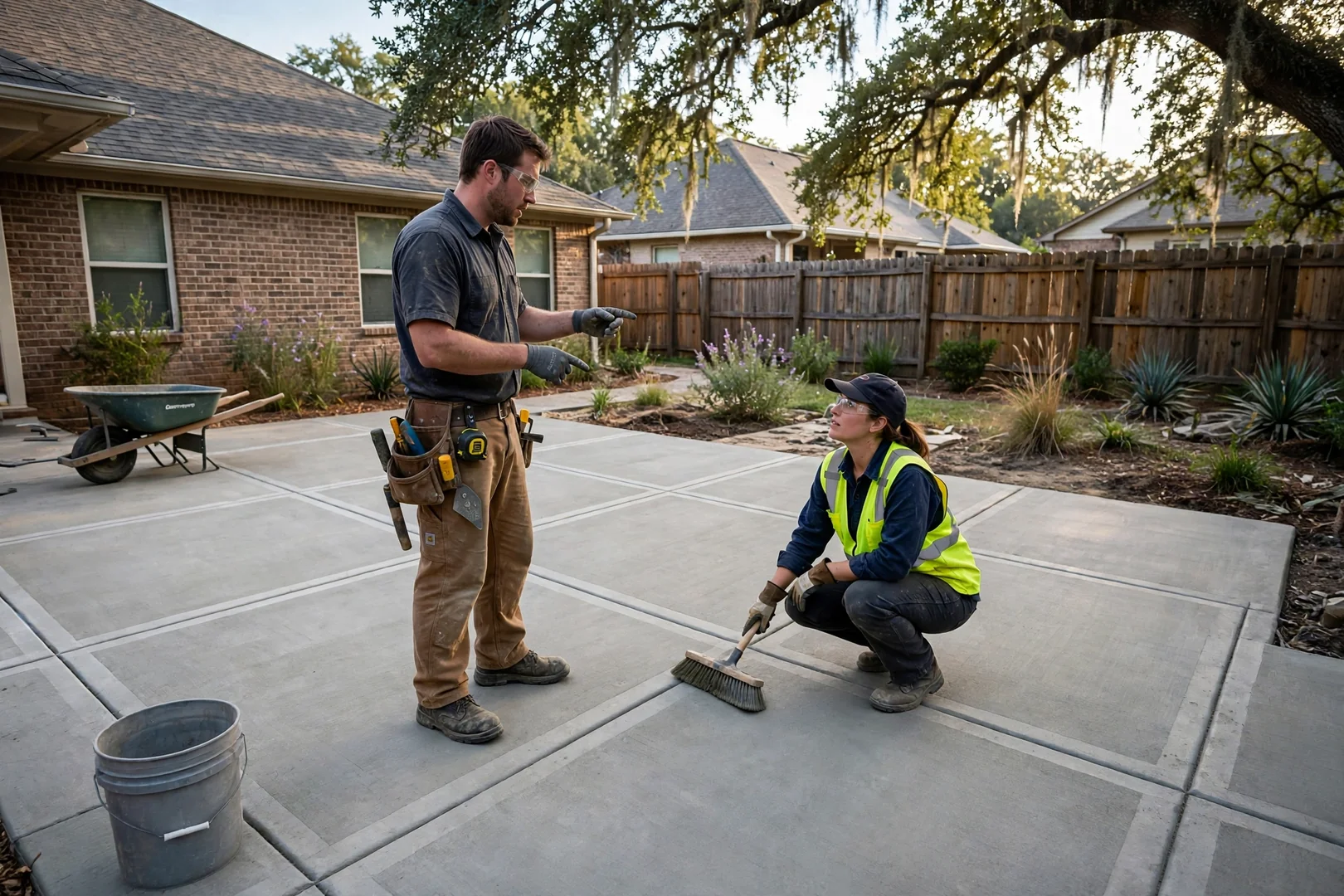 Wide shot of restored backyard patio with even slab elevations and clean joints