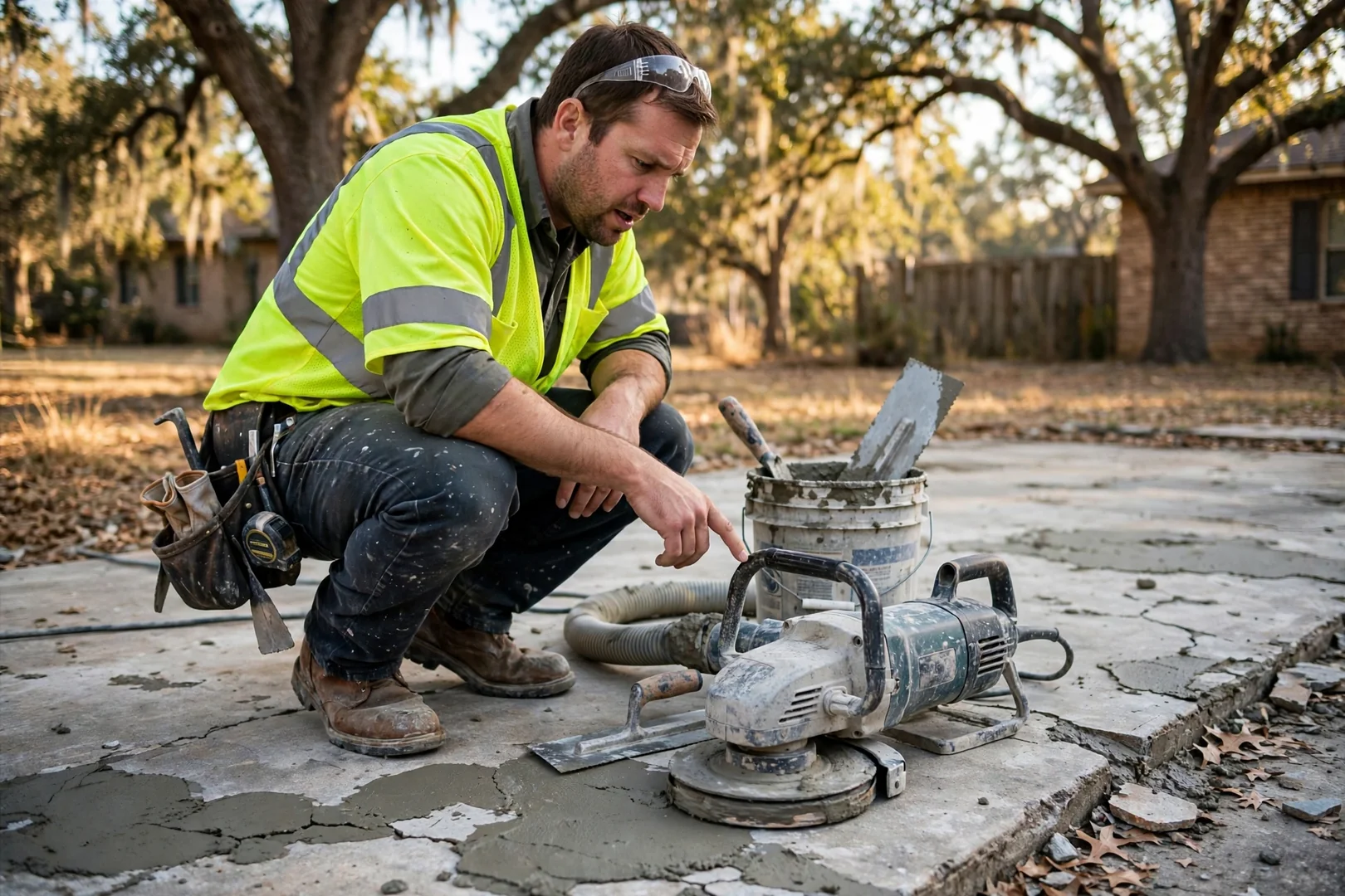 Highland Village Premier Concrete Contractors technician reviewing Concrete equipment in Highland Village, TX