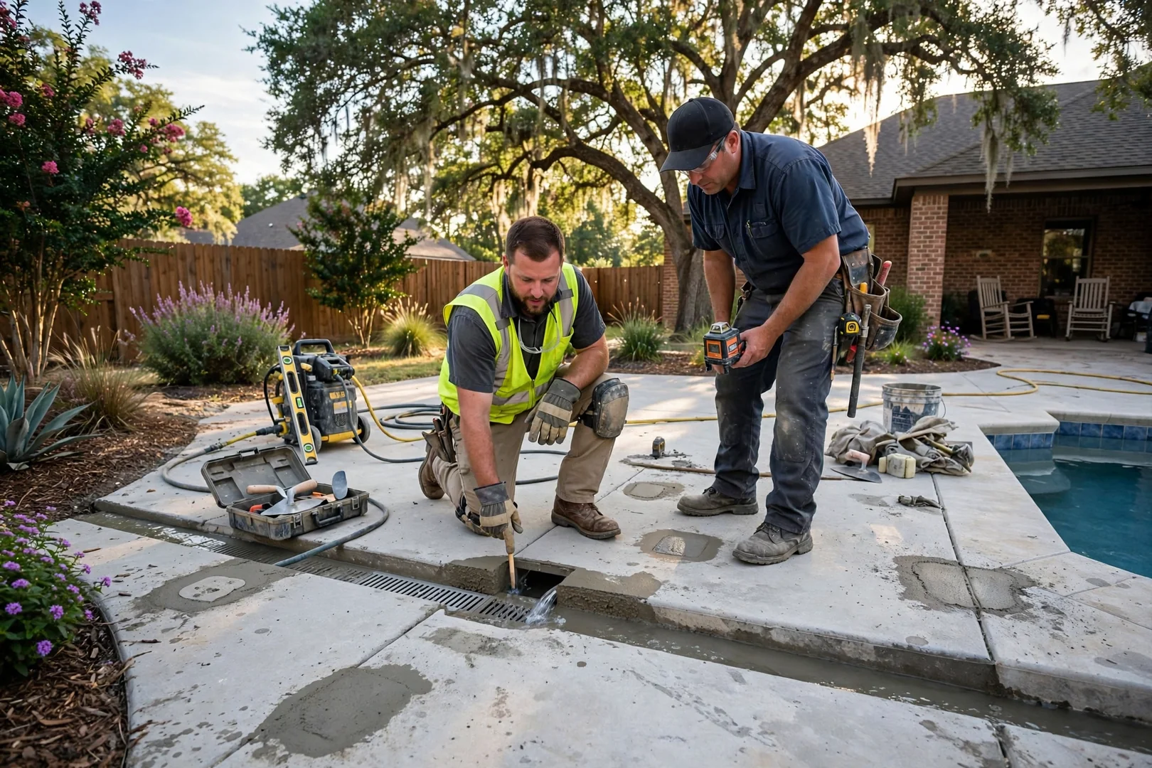 Leveled pool deck sections draining properly after void filling and slab lifting