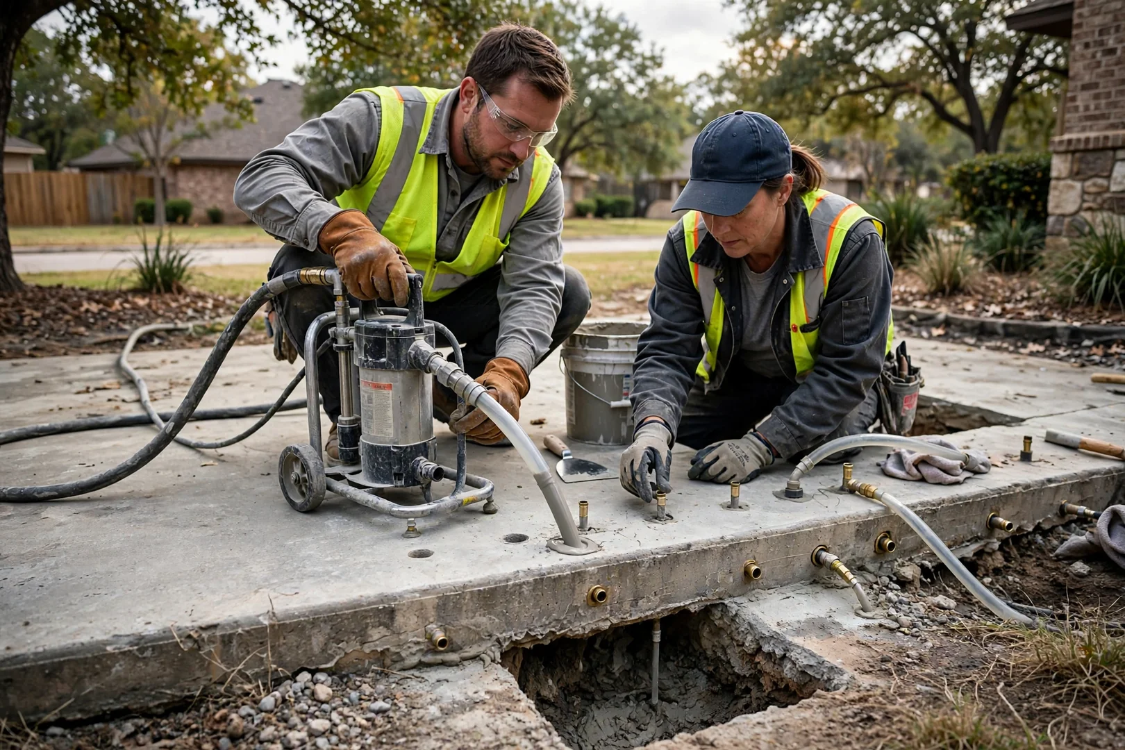 Grout slurry being pumped through small injection ports to fill voids beneath a slab