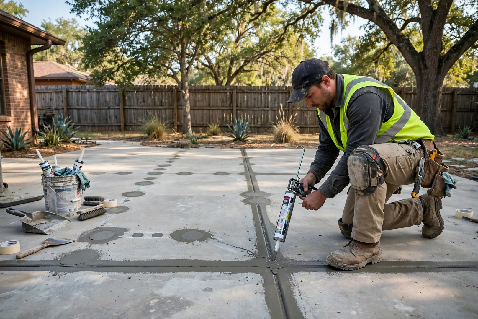 Restored level backyard patio with patched injection ports and sealed control joints