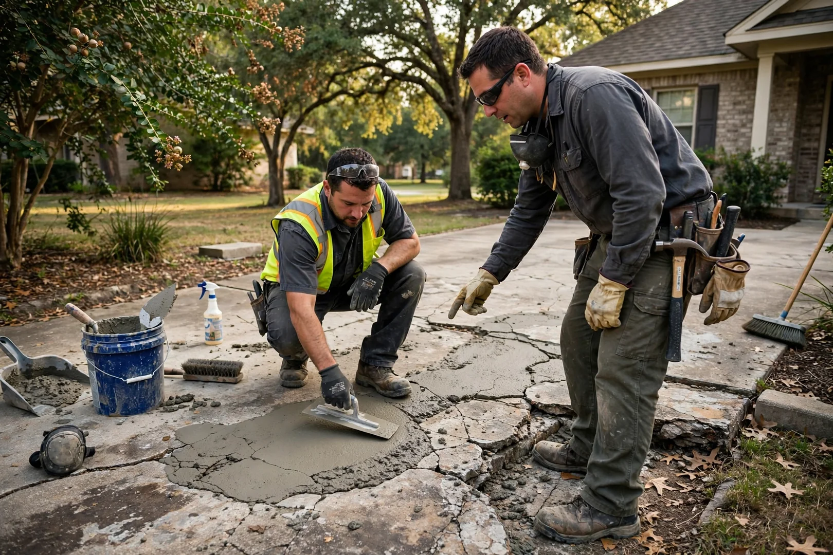 Freshly poured backyard concrete patio being floated smooth beside a Highland Village home