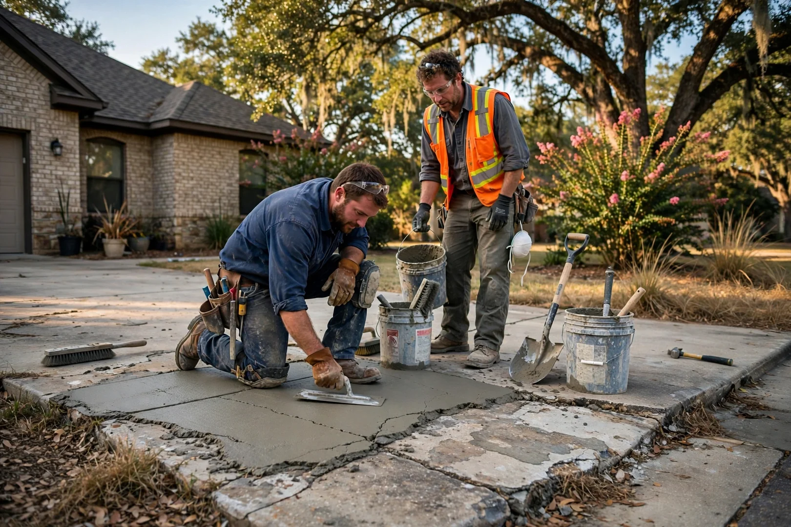 Freshly poured backyard concrete patio with broom finish beside a Highland Village home
