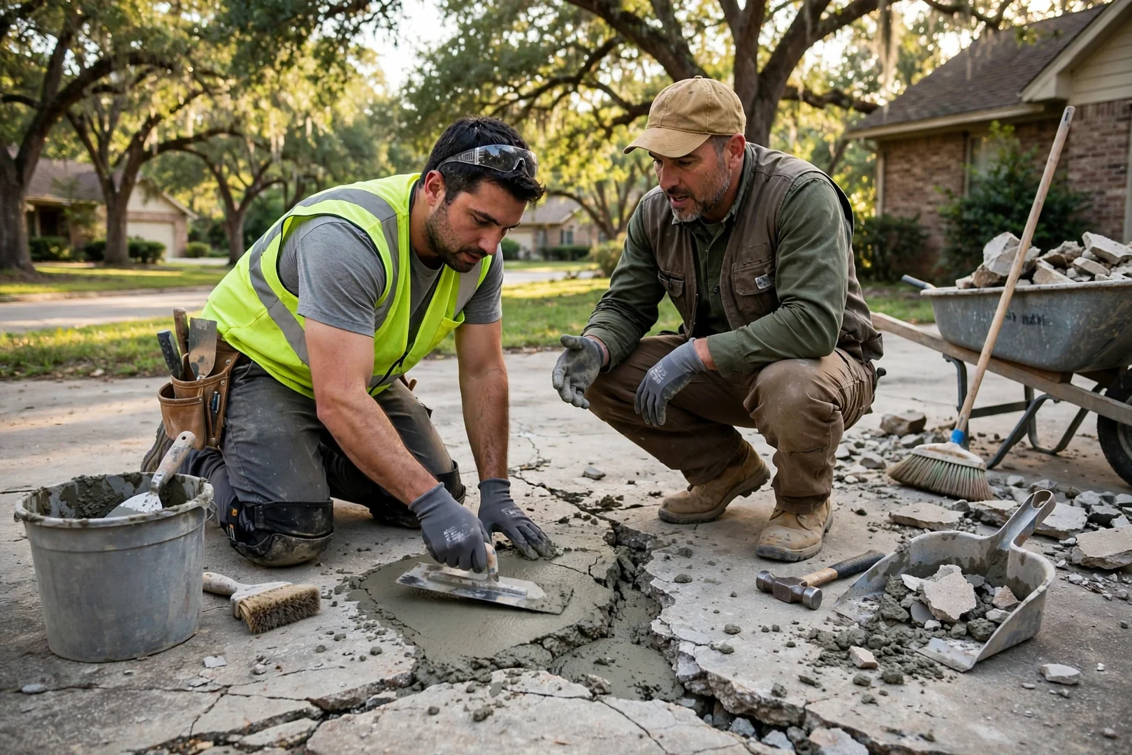Homeowner reviewing patio slab layout with a contractor in a backyard before pouring