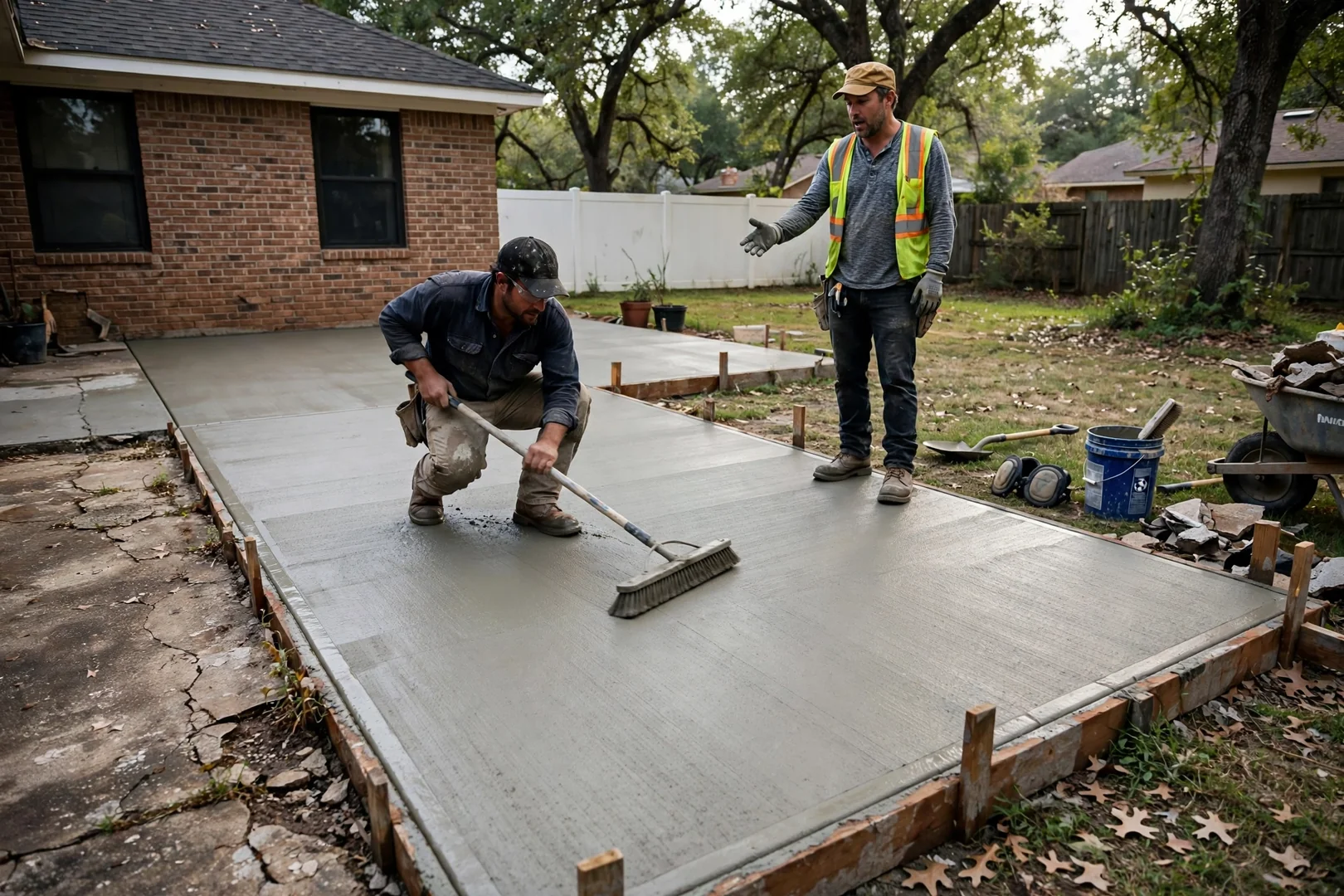 Freshly poured backyard concrete patio slab with smooth broom finish beside a Highland Village home