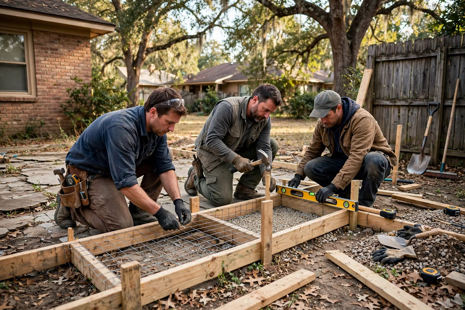 Crew setting wooden forms and wire mesh reinforcement before a residential patio pour