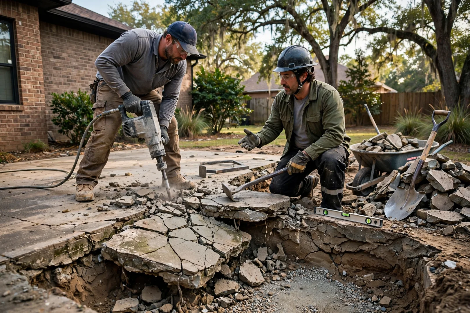 Cracked and sunken old patio slab being removed to make room for new concrete