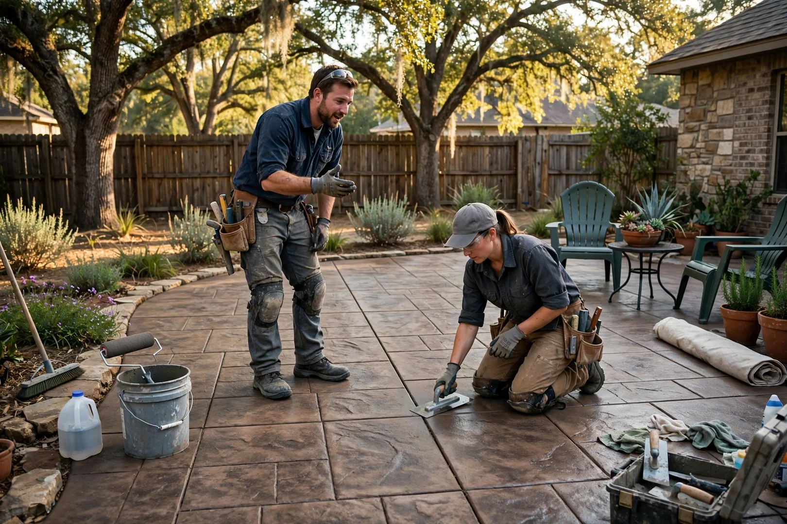 Finished stamped concrete patio with tooled control joints and outdoor seating area