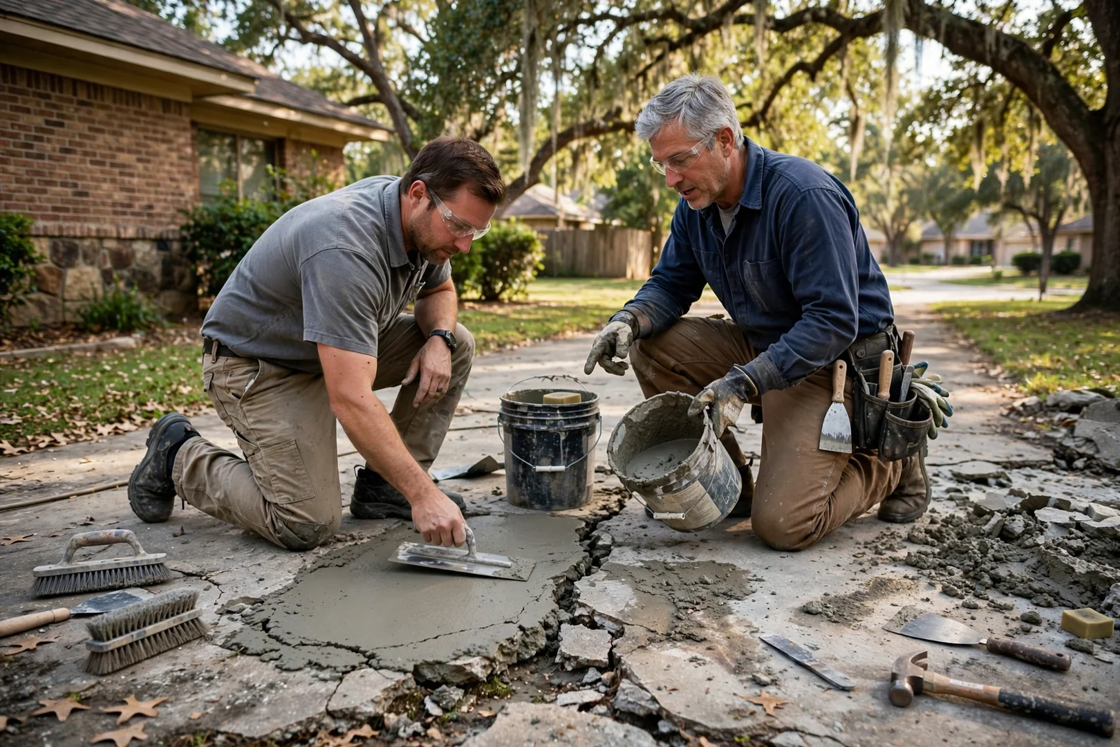 Homeowner and contractor inspecting a cracked settled backyard patio slab with standing water