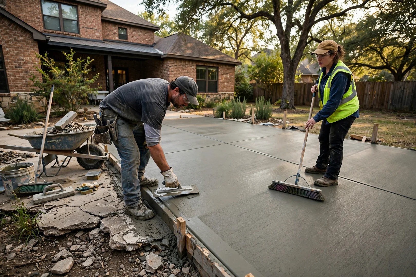Freshly poured backyard concrete patio with broom finish curing behind a Highland Village home