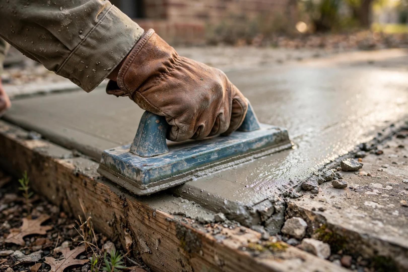 Close-up of a hand float smoothing wet concrete along a patio edge form