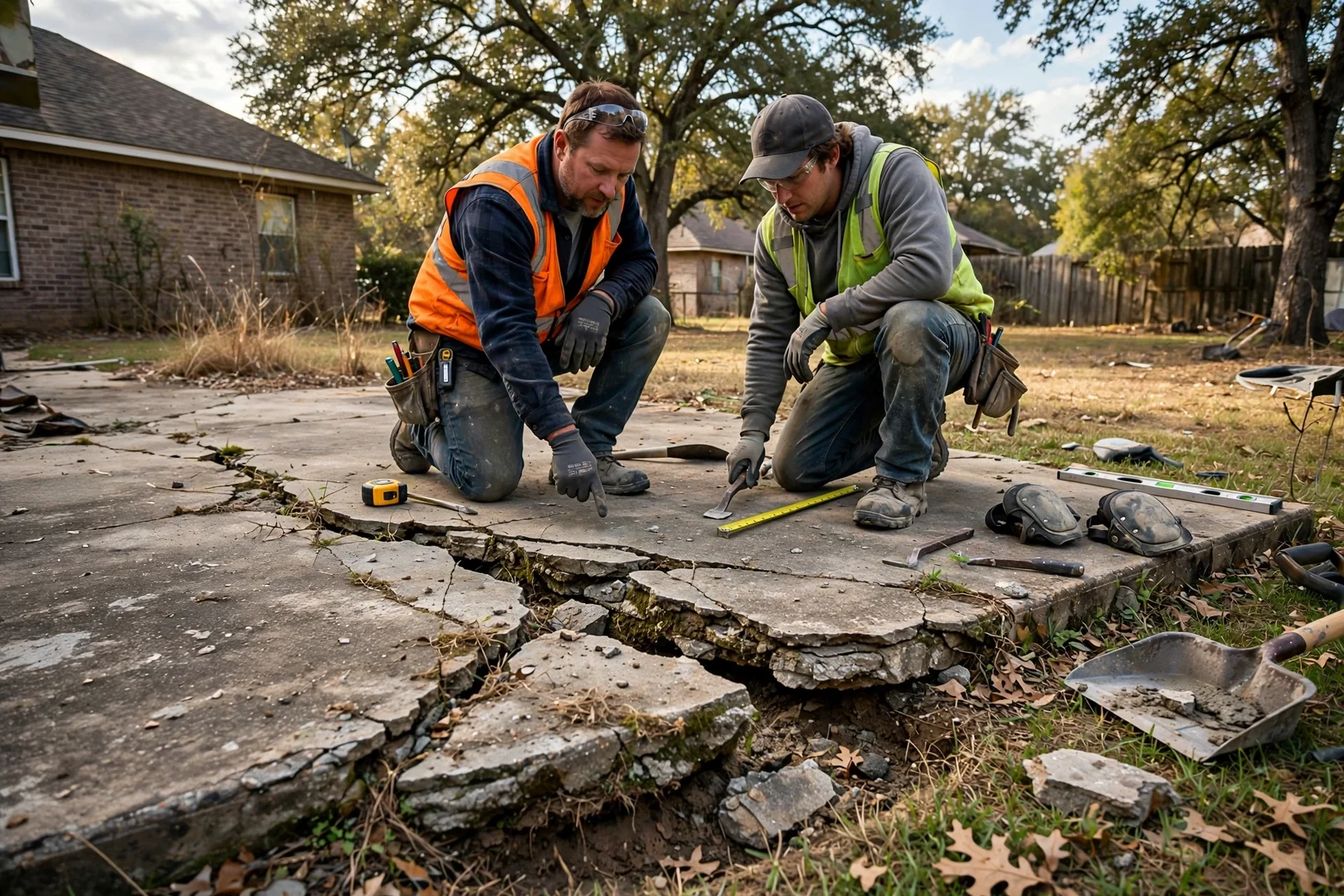 Cracked and settled old patio slab before removal and full replacement work begins