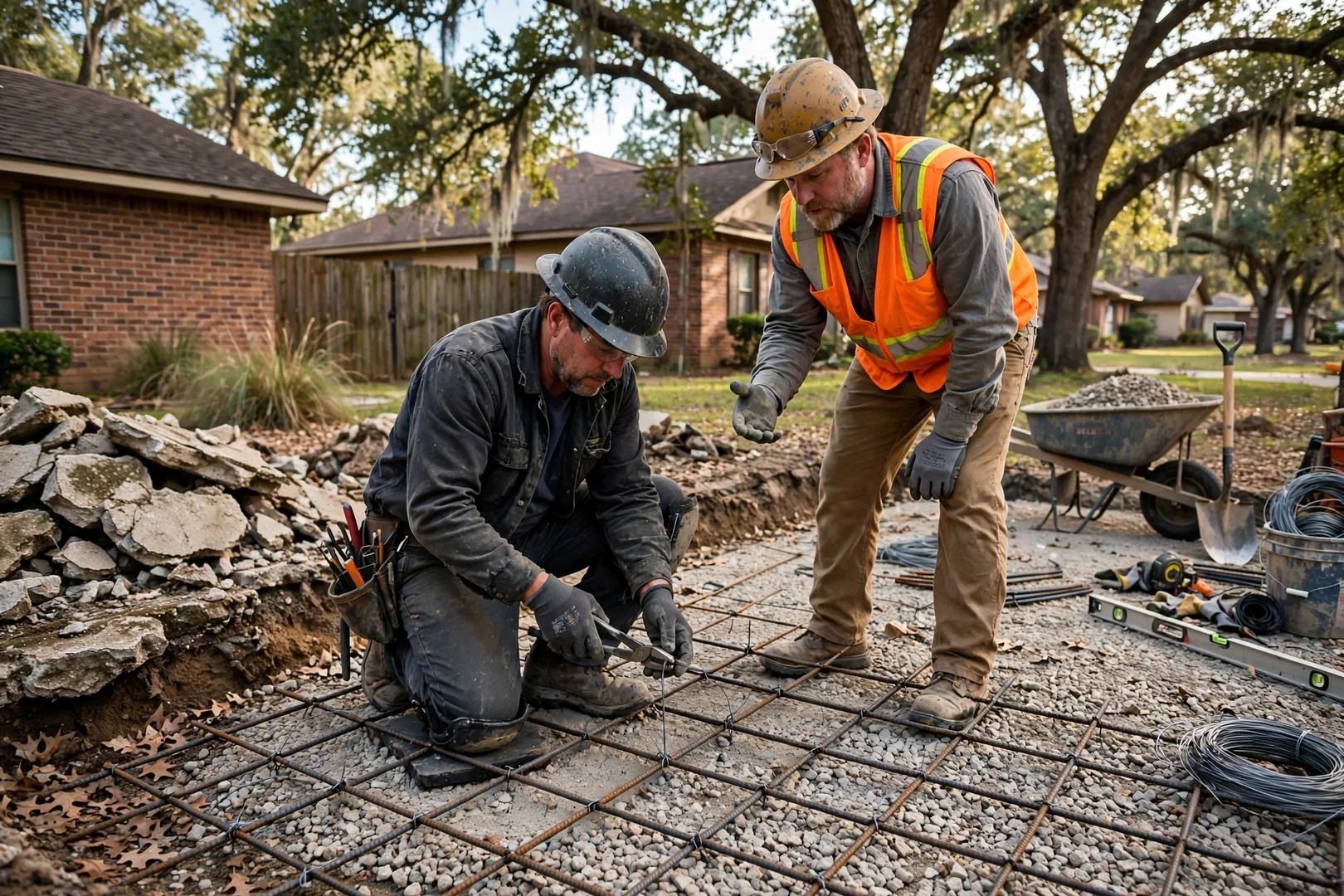 Rebar grid and wire mesh tied in place over compacted base ready for pour
