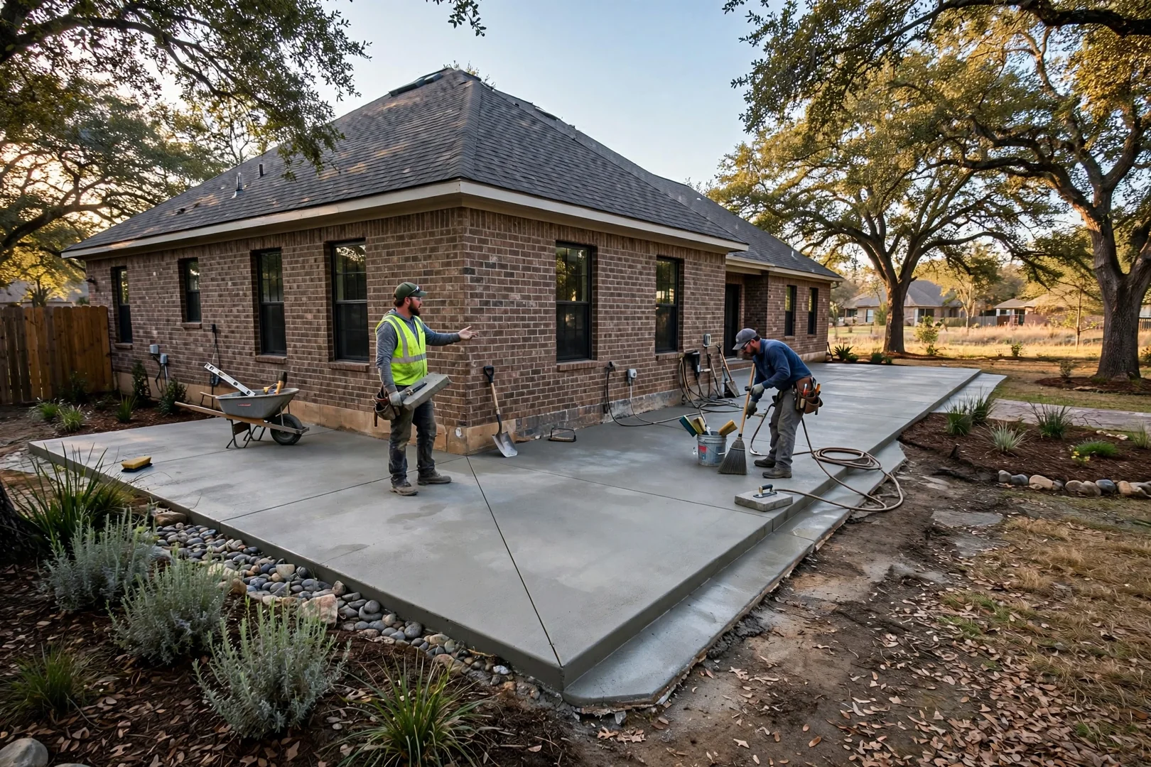 Wide shot of a finished wraparound patio sloped away from the house foundation
