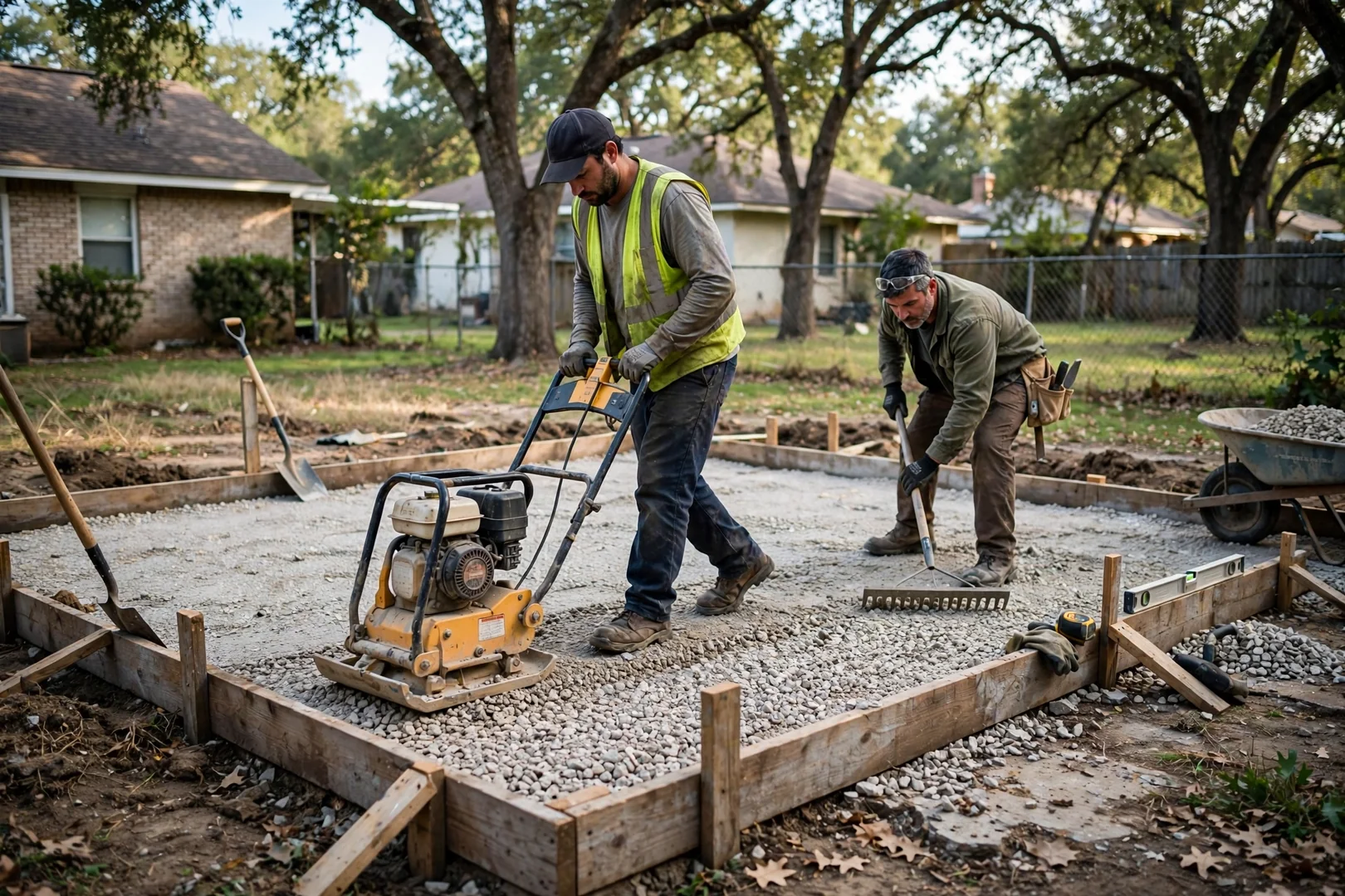 Plate compactor leveling gravel subgrade inside wooden patio forms on a residential lot