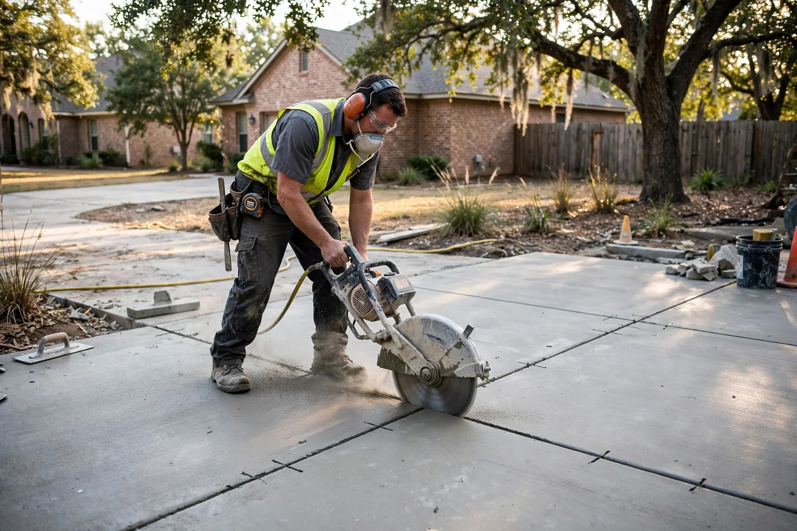 Saw-cut control joints running across a newly finished gray concrete patio surface