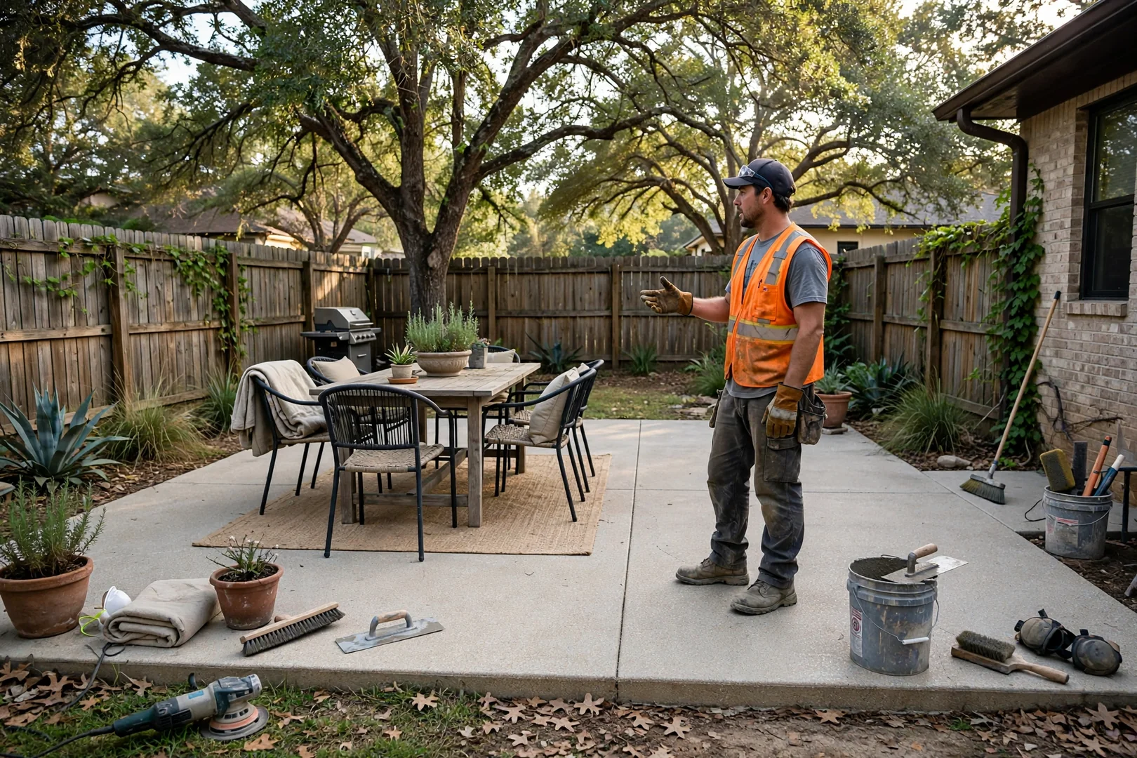 Completed patio with patio furniture and shade trees in a quiet Texas backyard