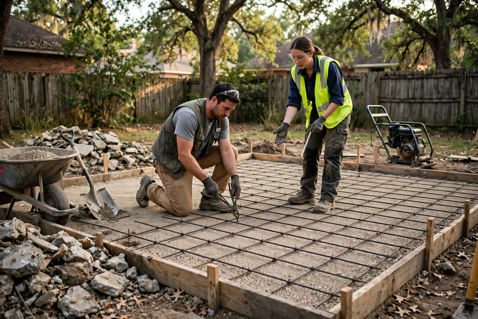 Compacted gravel base and rebar grid ready for a new backyard patio pour