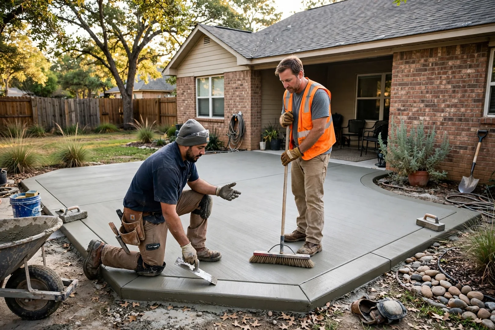 Completed broom finished concrete patio with tooled edges behind a suburban Texas home