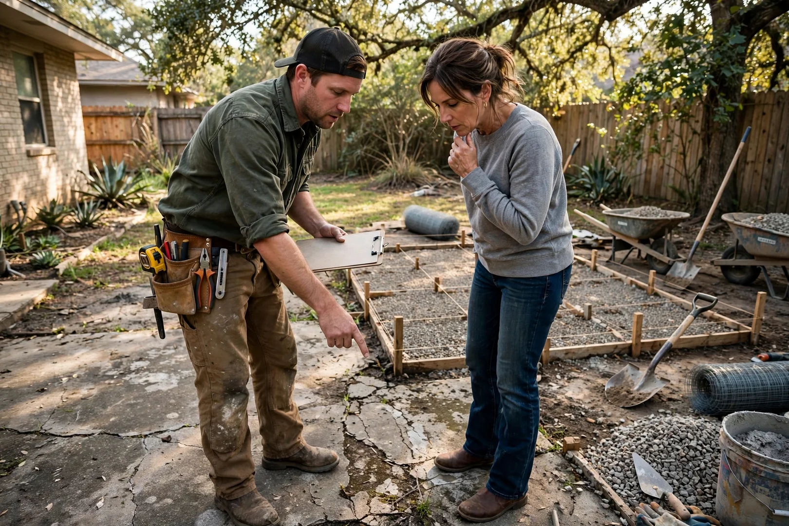 Contractor reviewing patio layout and written estimate with a homeowner in the backyard