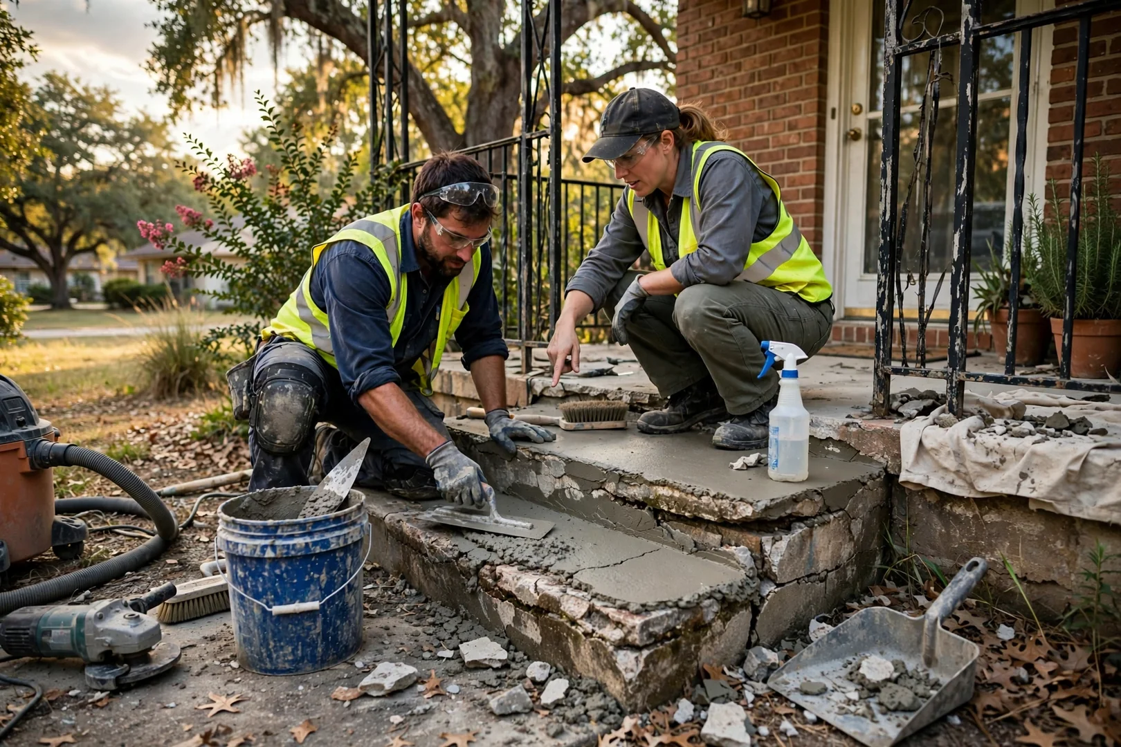 Contractor measuring a prepared gravel base before a residential concrete slab pour