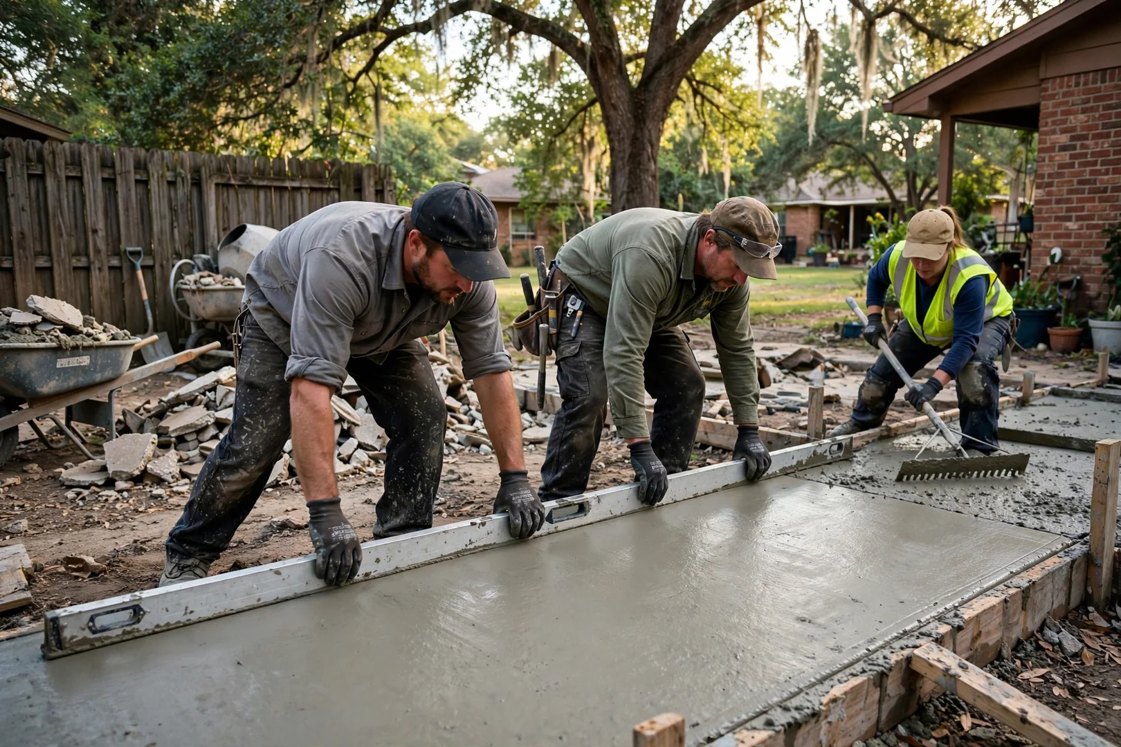 Crew screeding a freshly poured concrete slab for a Highland Village backyard patio