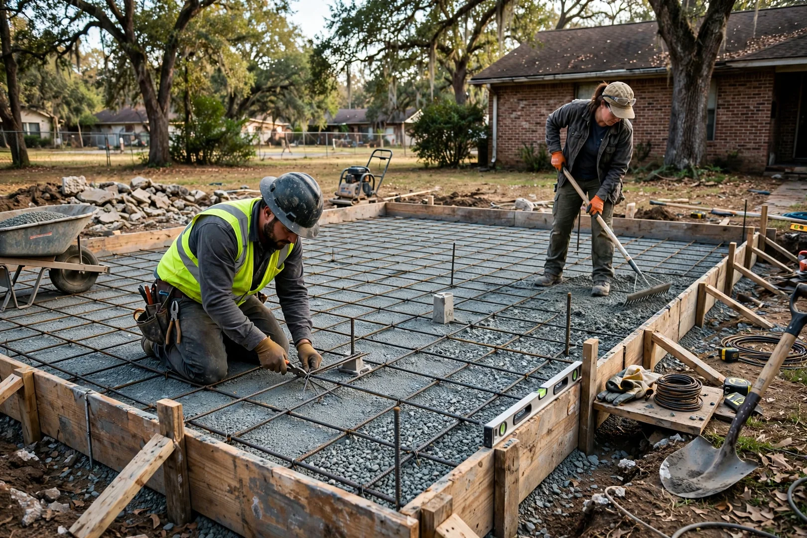 Rebar grid and compacted gravel base set in forms before a residential slab pour