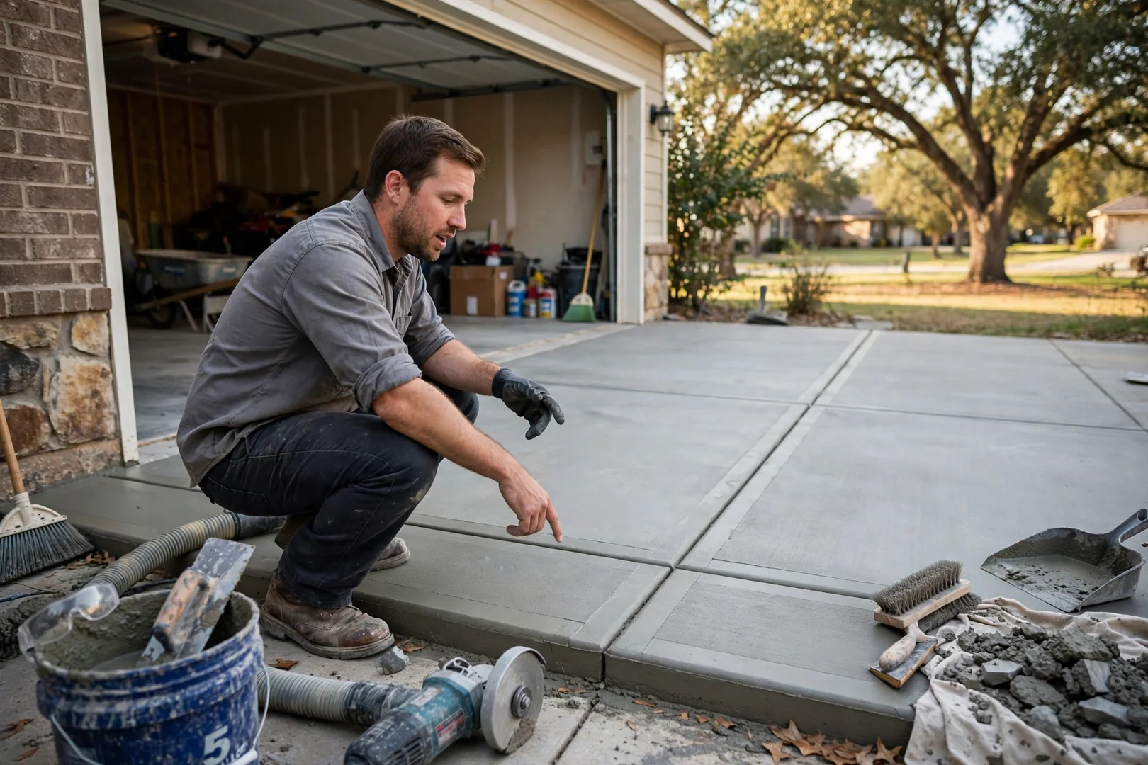 Finished smooth garage slab with tooled control joints at a Highland Village home