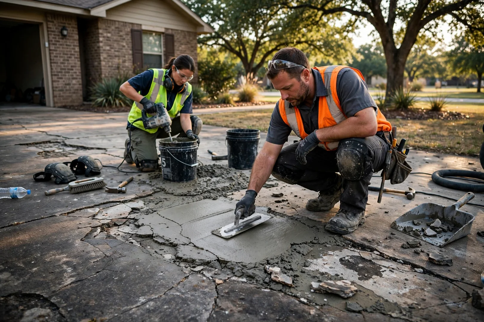 Severely cracked and settled concrete pad showing spalling and raised joints at a residential property