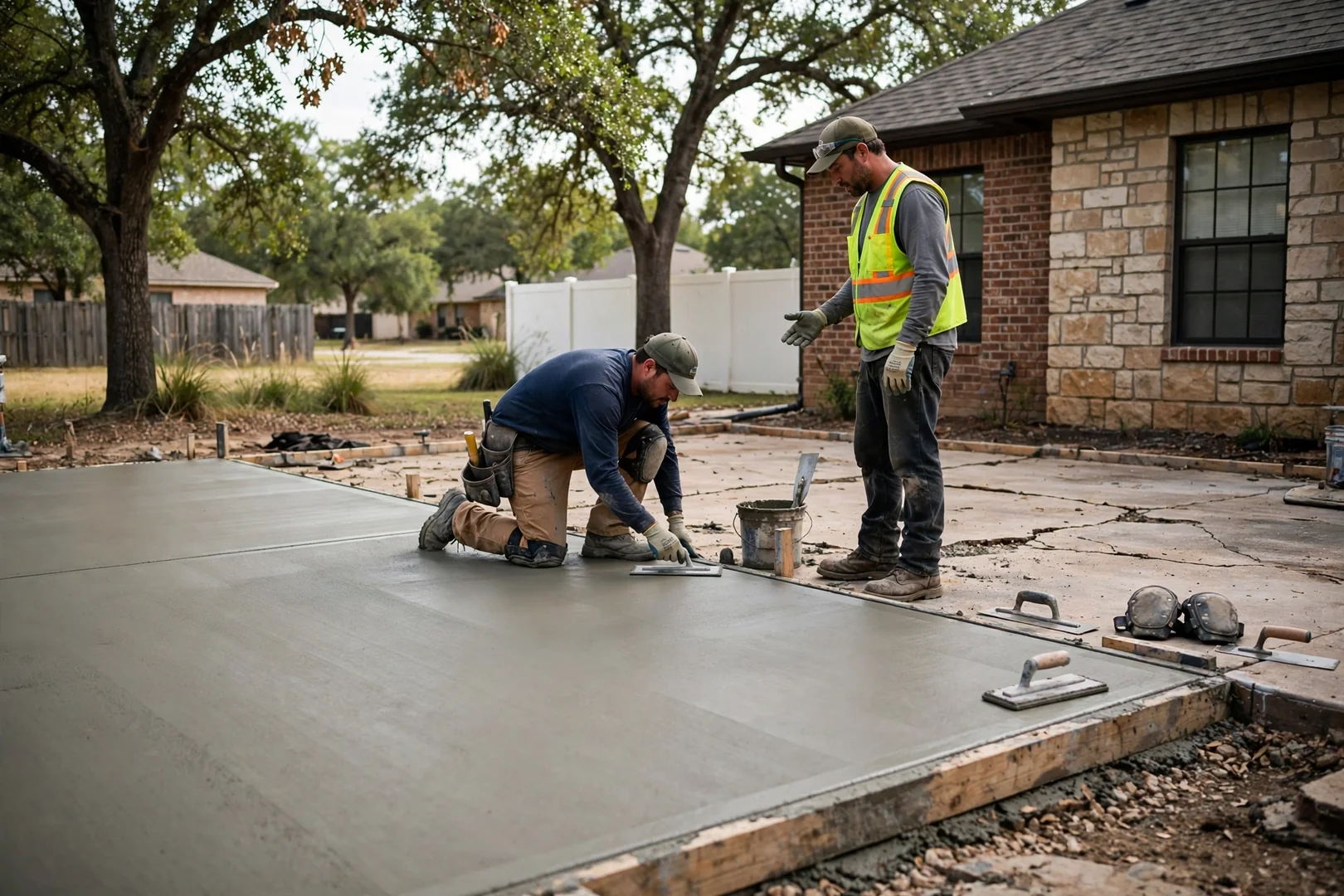 Freshly poured concrete slab with smooth troweled finish behind a Highland Village home