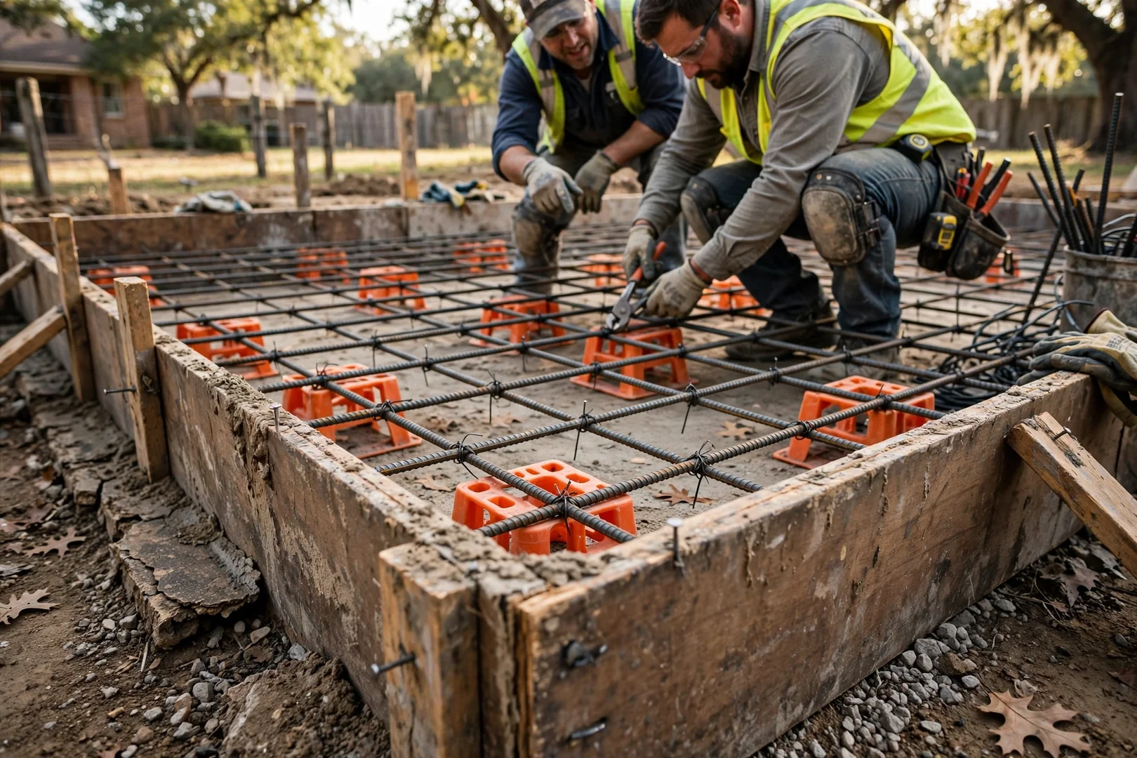 Close-up of rebar grid and chairs set inside wooden forms before a slab pour