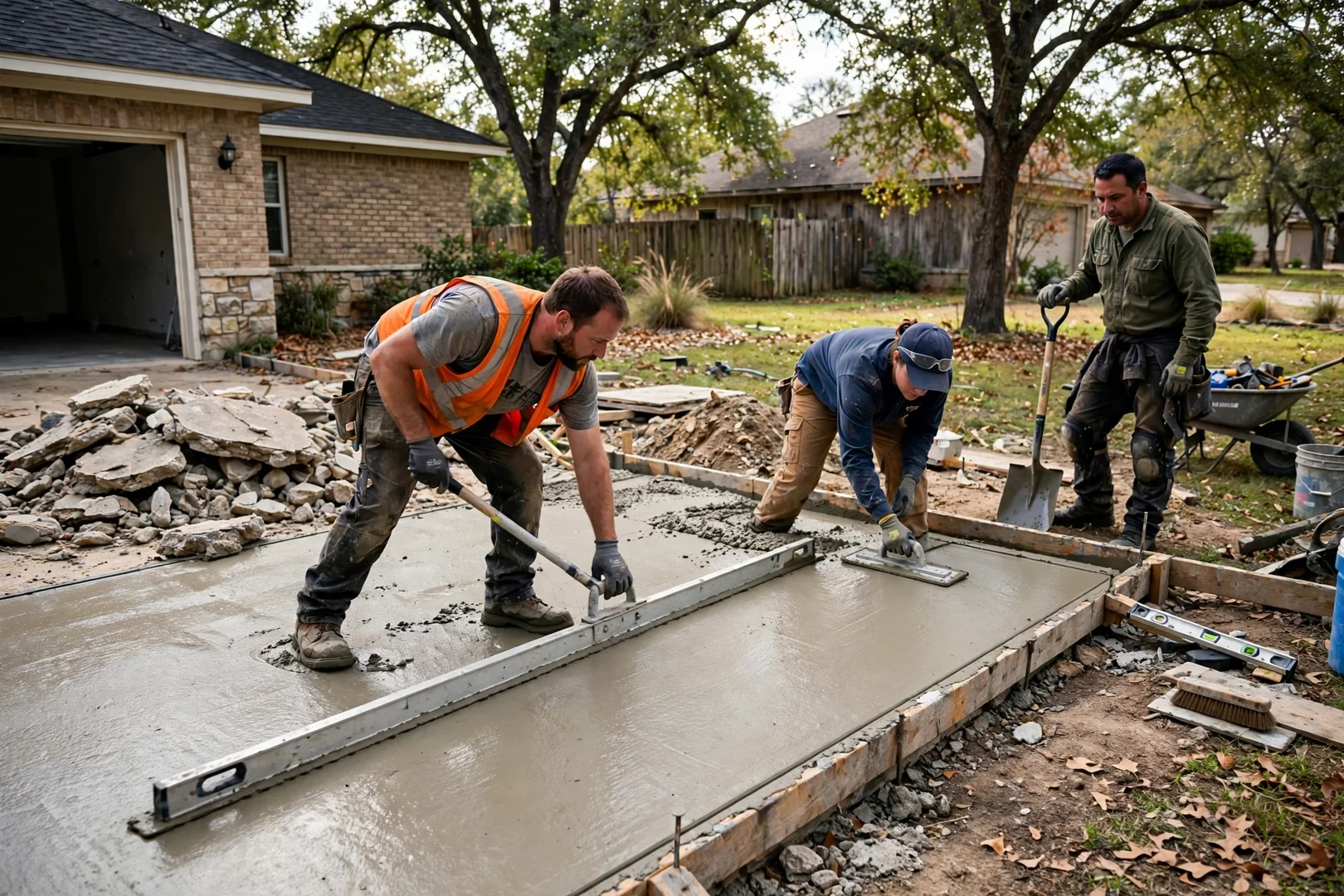 Crew screeding wet concrete across a new garage slab on a residential lot