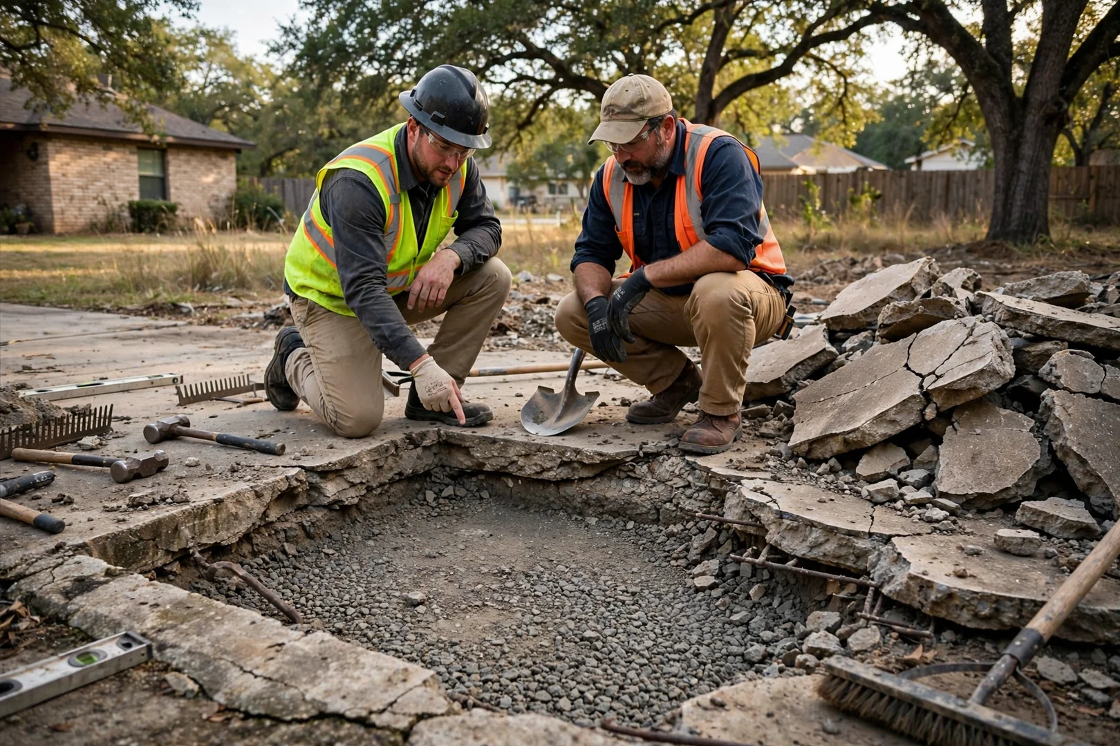 Cracked and settled old slab removed to expose compacted base rock subgrade