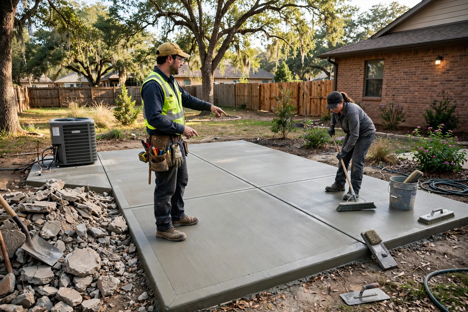 Wide shot of a completed backyard utility pad with crisp control joints