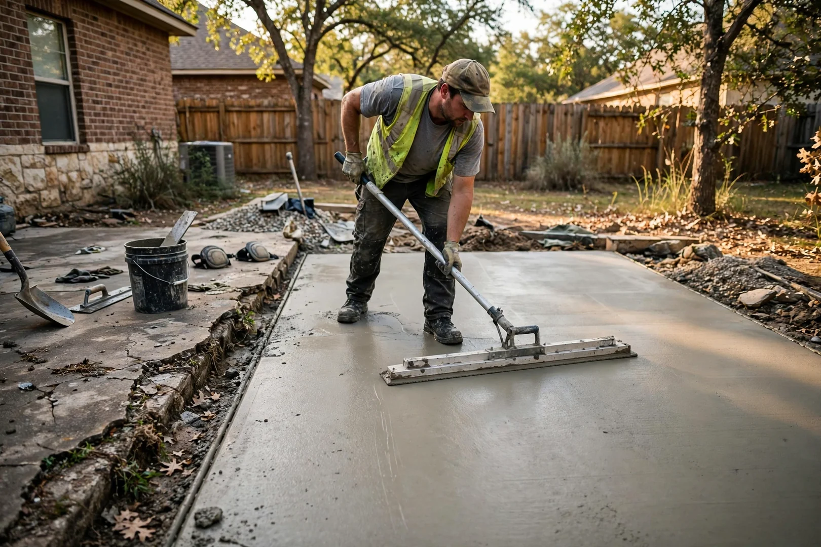 Bull float smoothing surface of a freshly placed patio slab in afternoon light