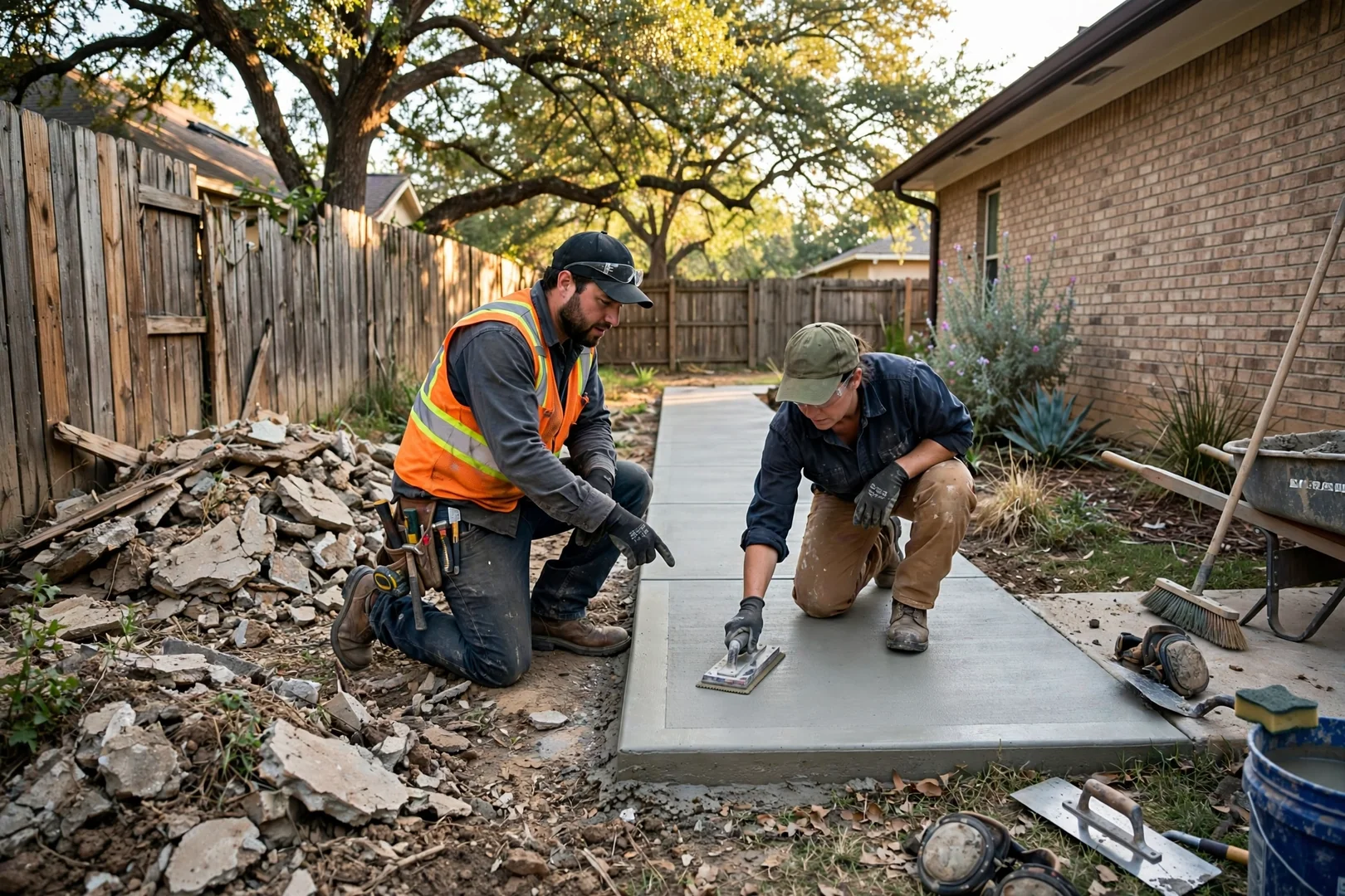 Finished side-yard walkway slab replacing a deteriorated concrete path