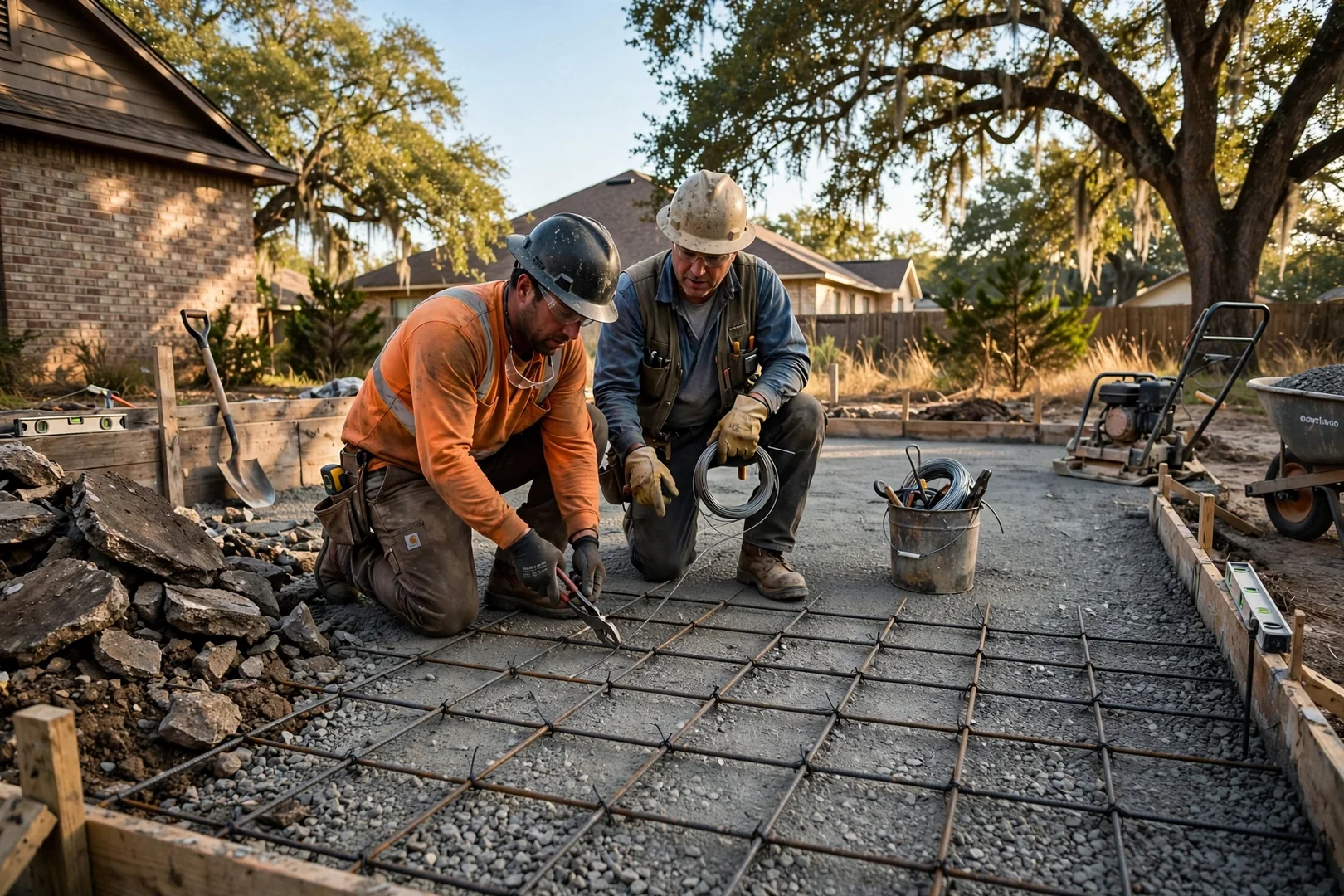Compacted gravel subgrade with rebar grid tied in place ahead of a slab pour