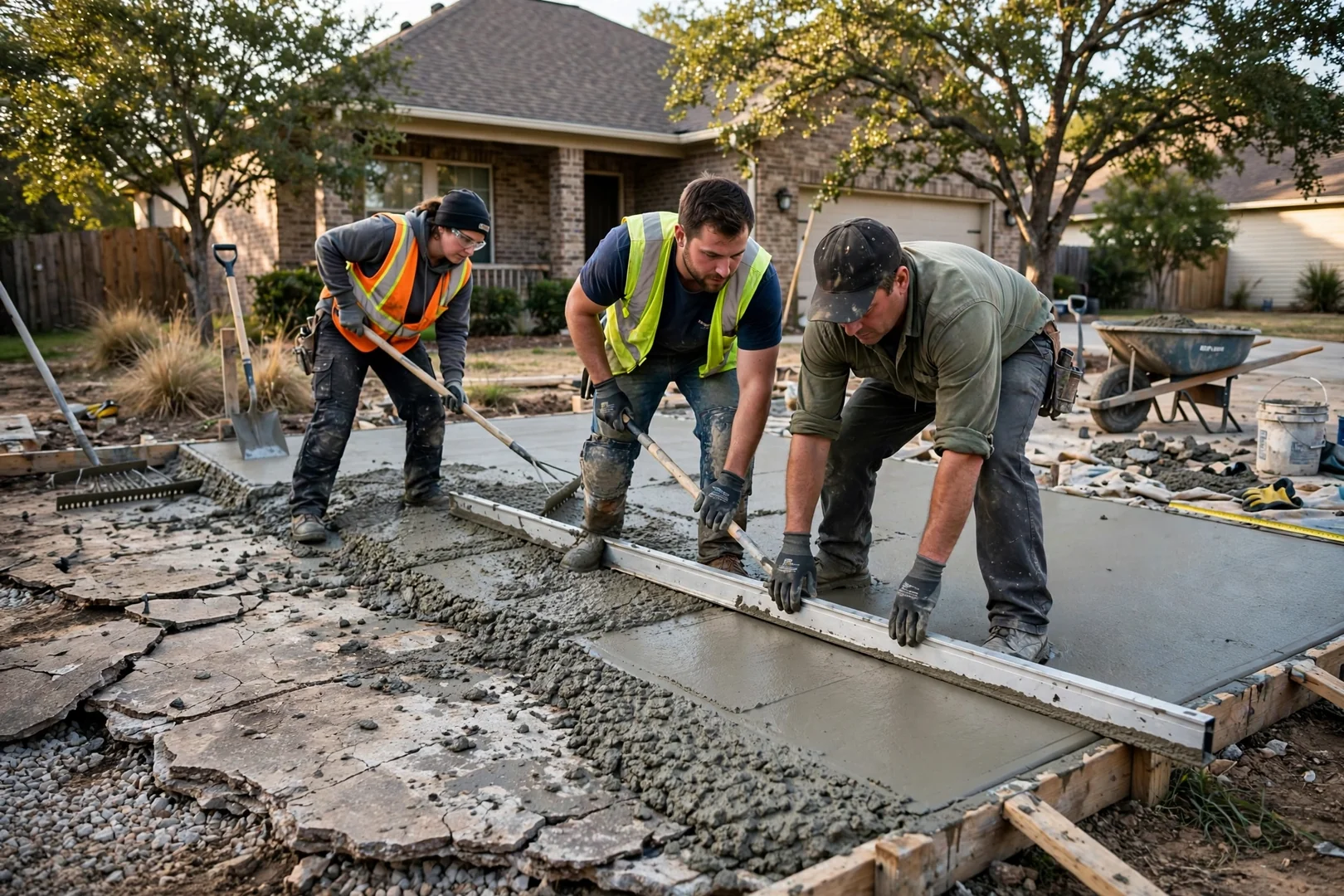 Crew screeding wet concrete across formed slab area at a residential property