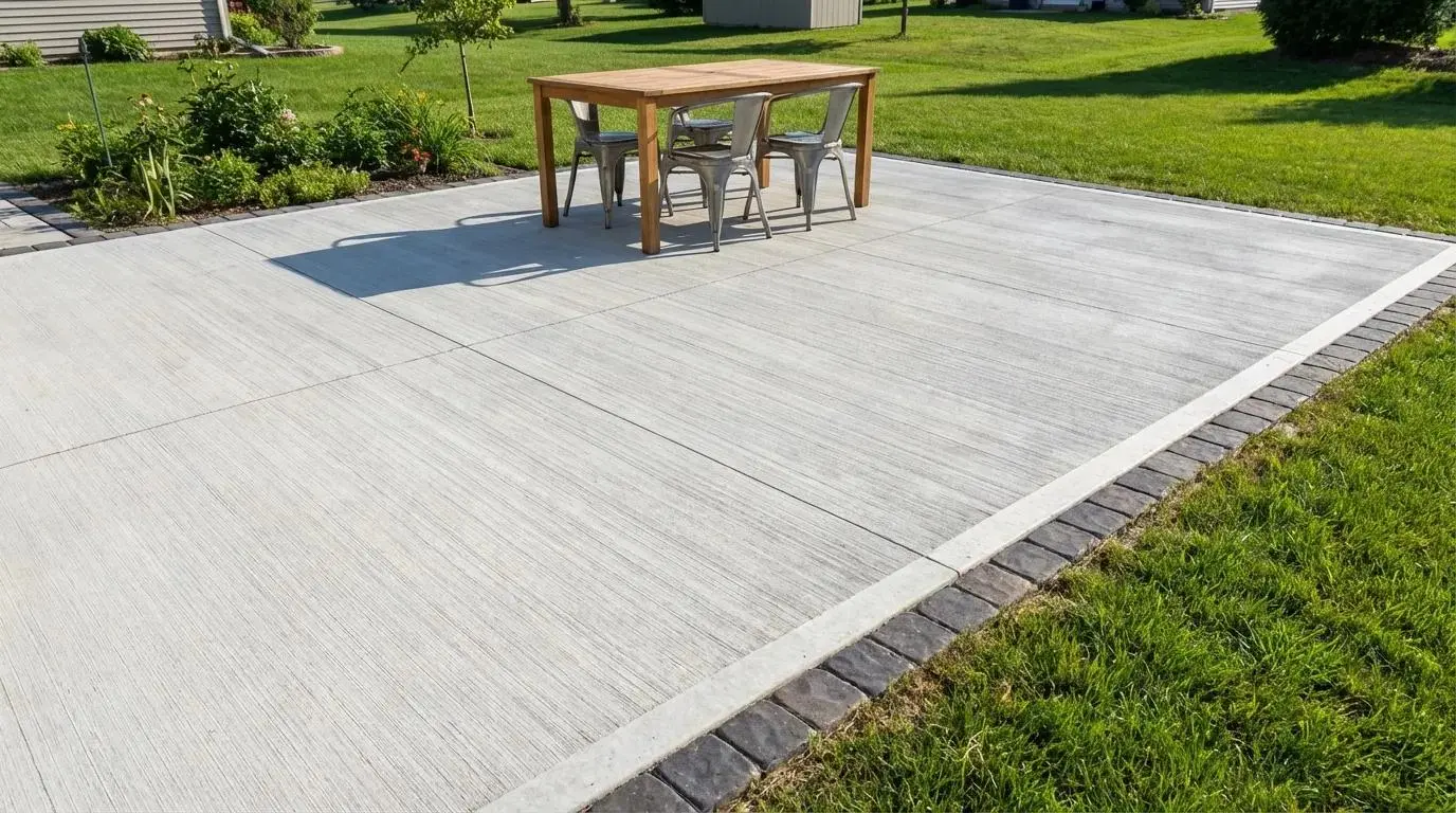 Concrete patio installation with a clean broom finish at a residential home in Highland Village, Texas