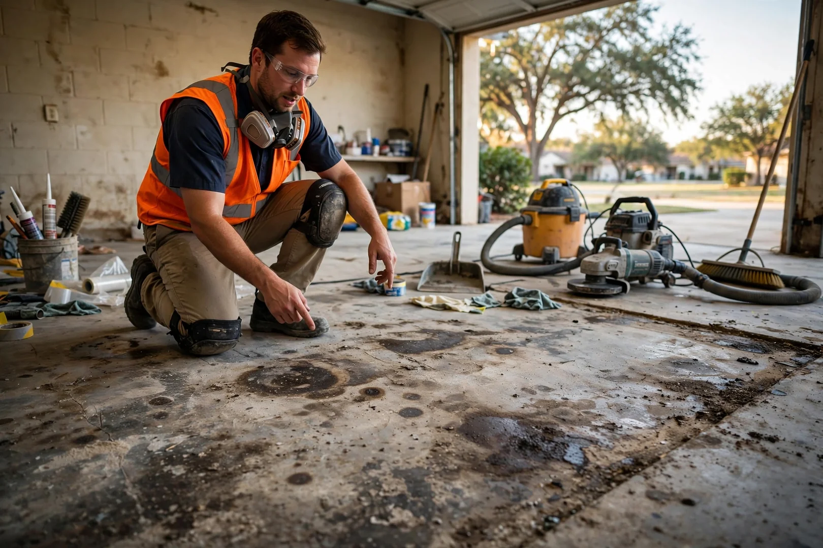 Worn garage slab showing oil stains and surface dusting before epoxy restoration begins