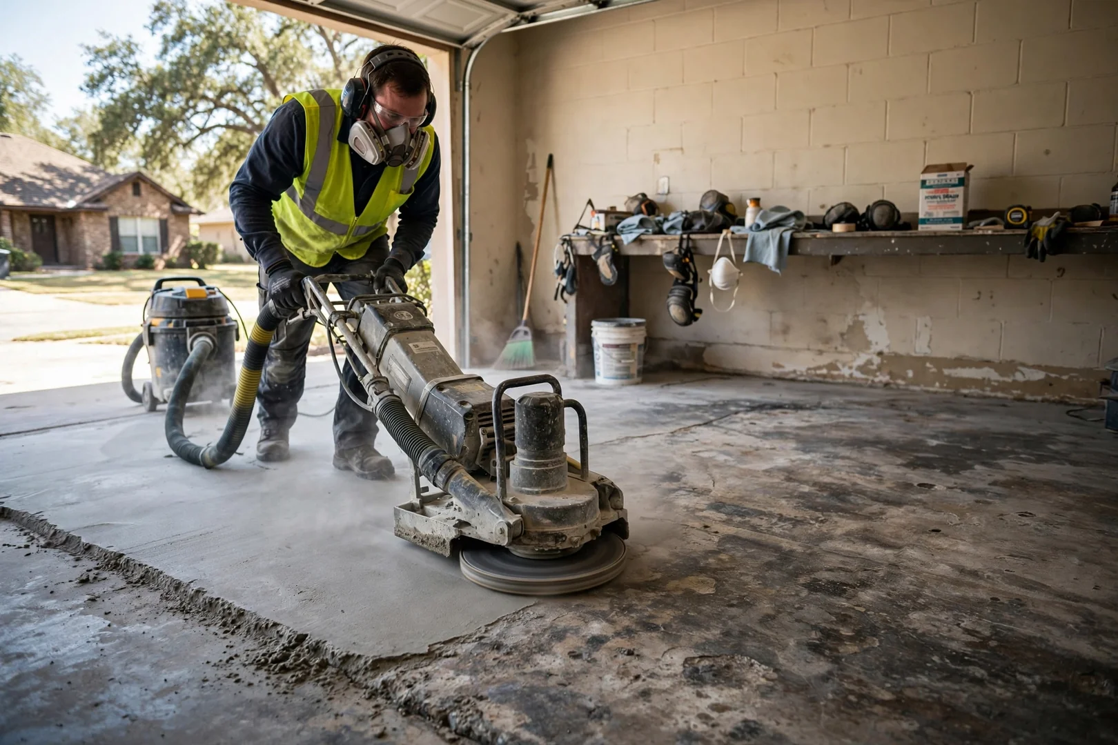 Technician diamond grinding concrete garage floor to open the surface profile for coating