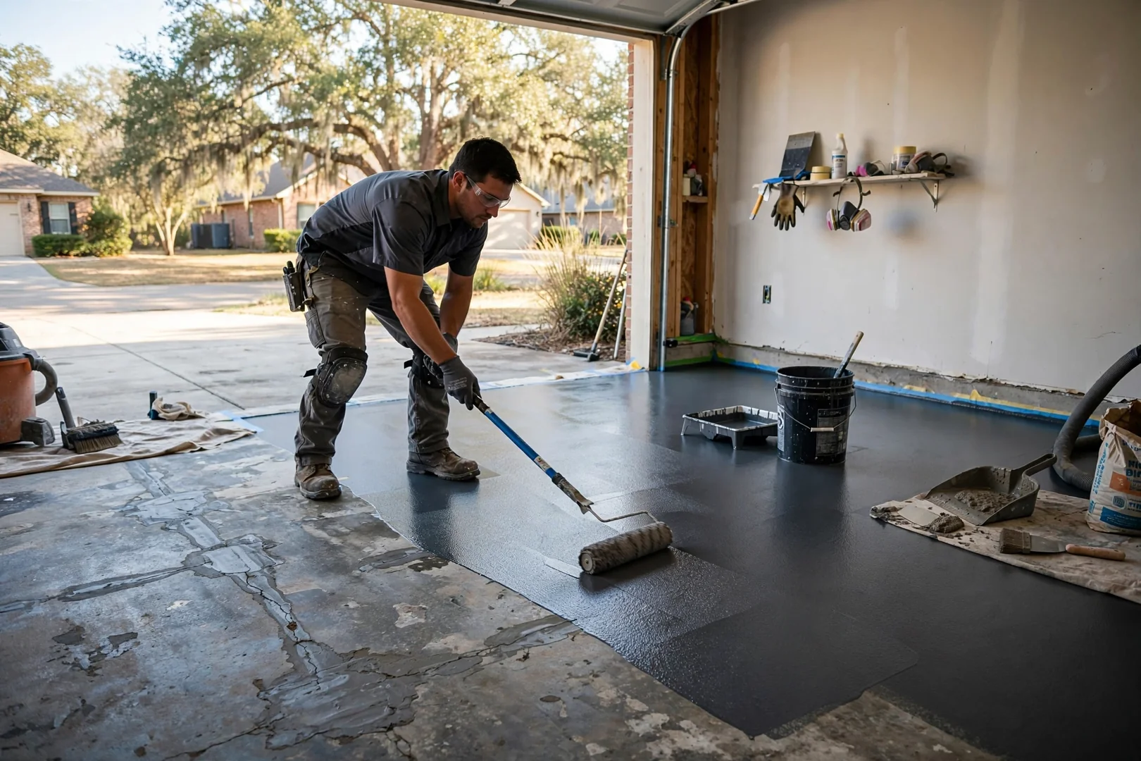 Pigmented epoxy basecoat rolled across prepared garage concrete in a Highland Village home