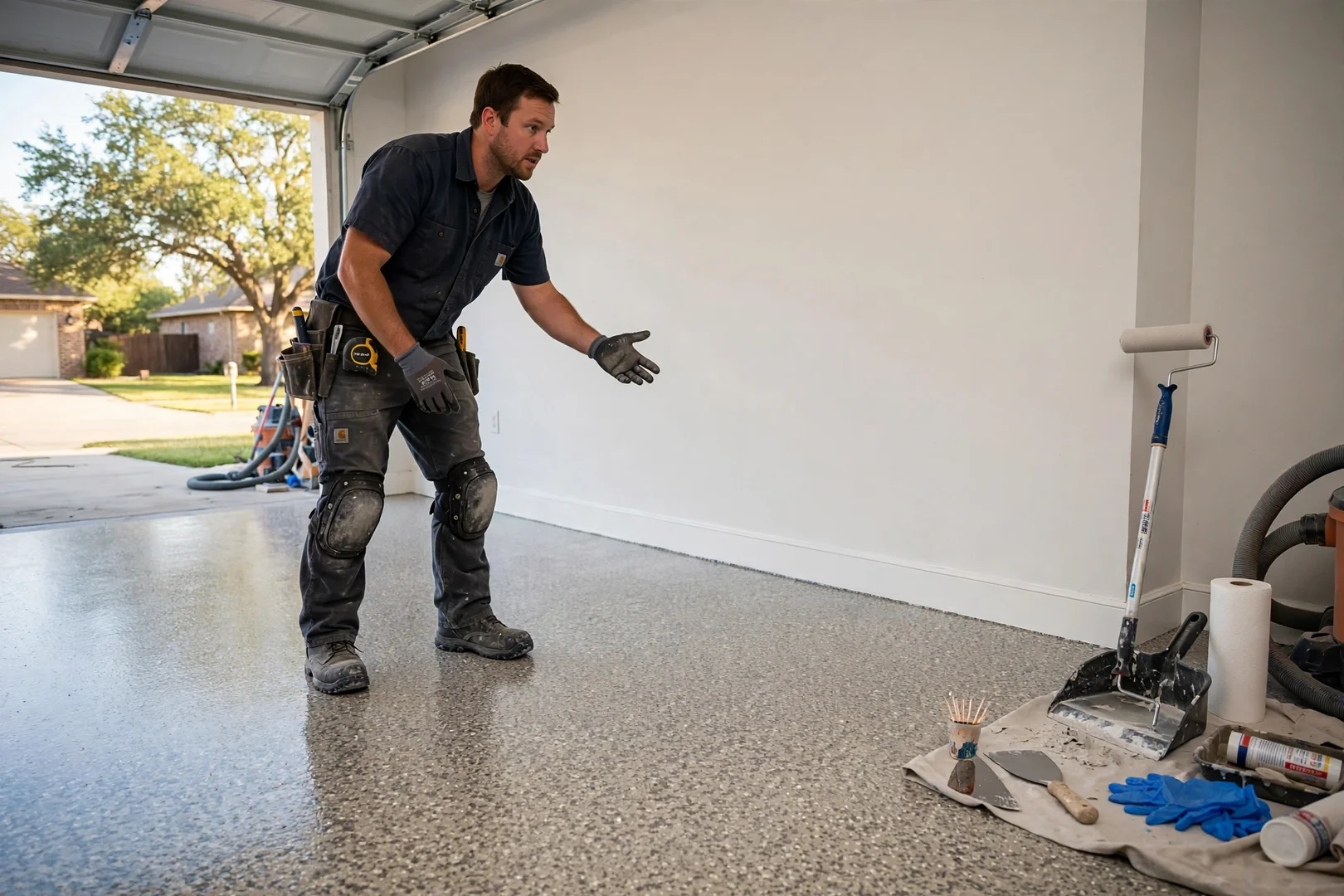 Finished flake epoxy garage floor with clear topcoat and clean baseboard edges