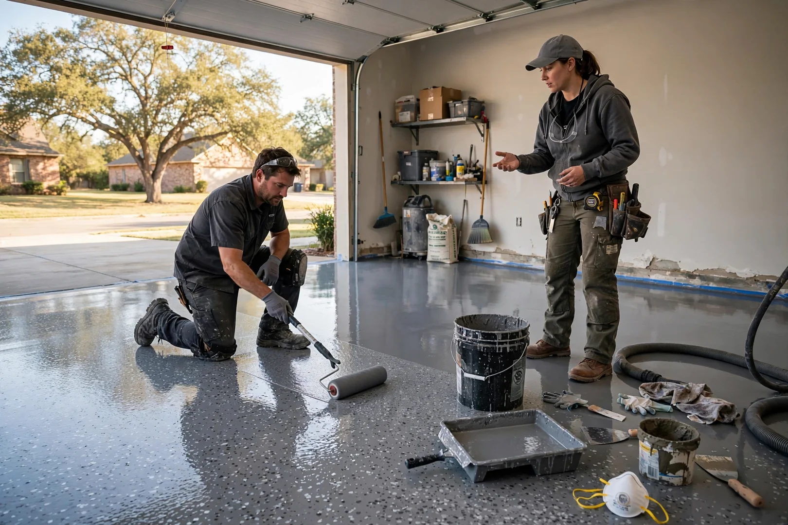 Freshly coated gray flake epoxy garage floor with glossy finish in a two-car garage