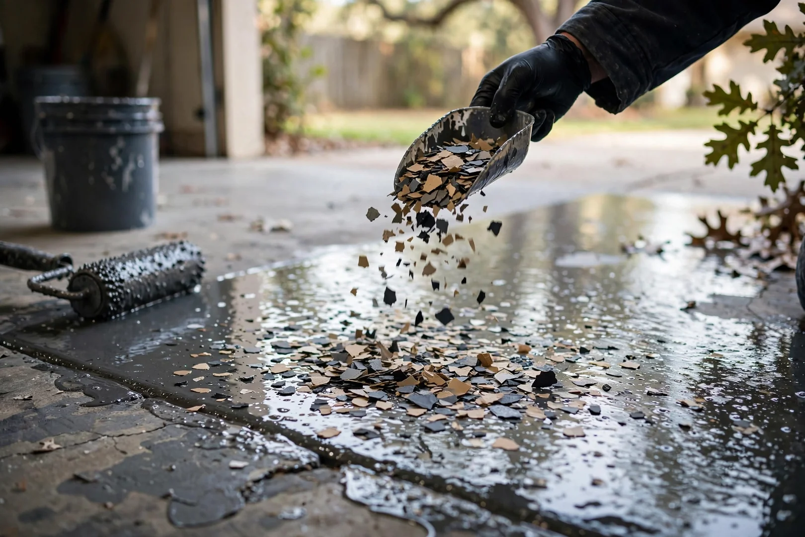 Close-up of color flake broadcast scattered across wet epoxy base coat on a garage slab