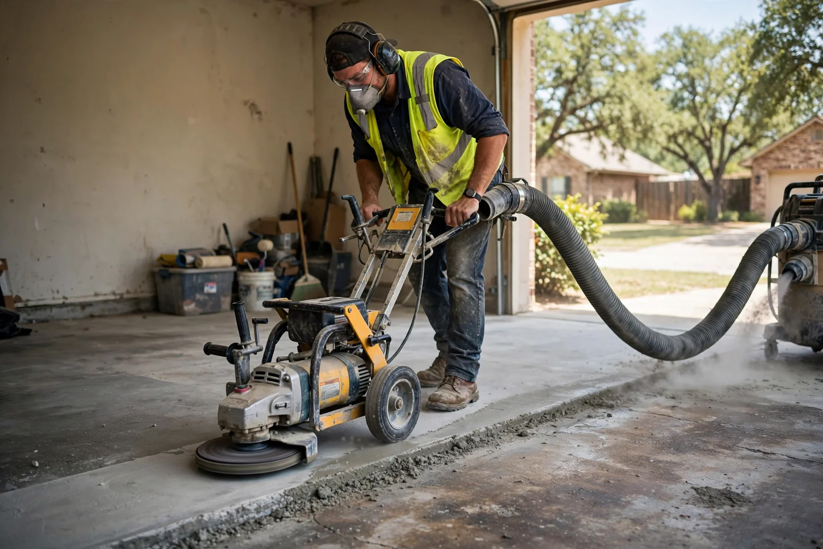 Walk-behind diamond grinder profiling a garage slab with dust extraction hose attached