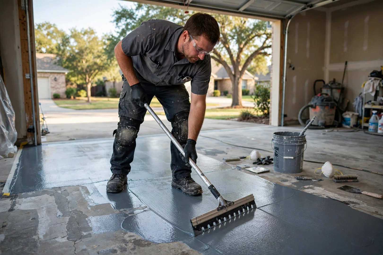 Technician spreading epoxy base coat with a notched squeegee across a prepared garage floor