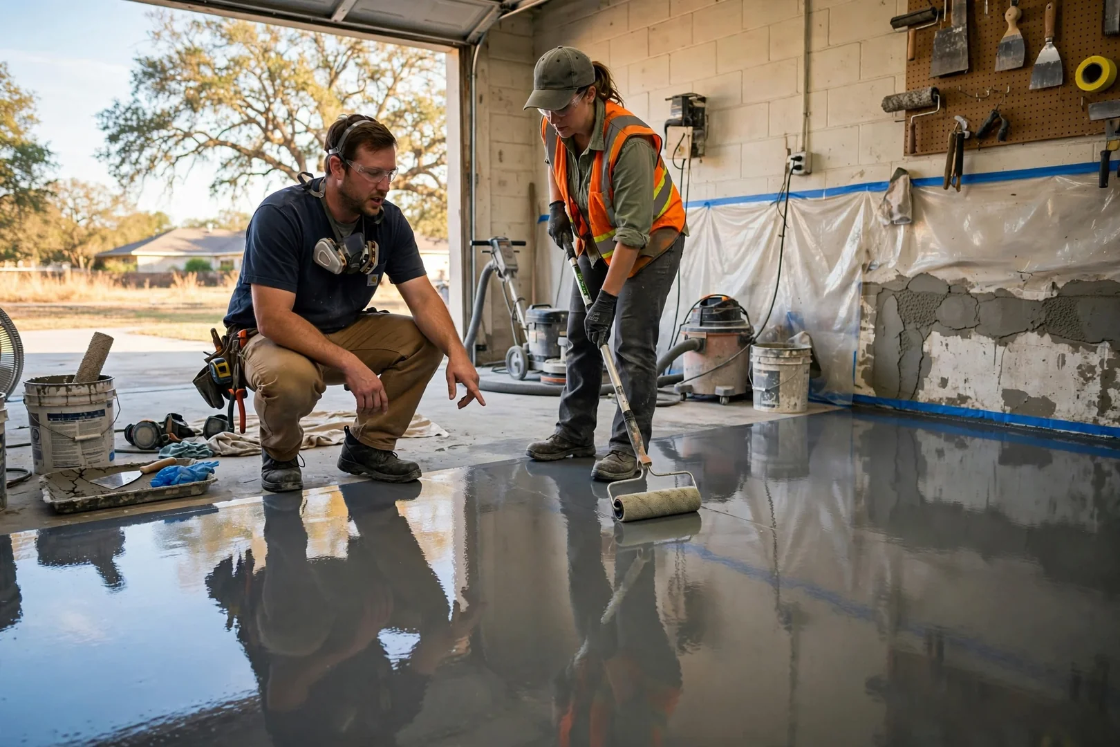 Workshop floor finished with solid color epoxy and clear urethane topcoat reflecting light