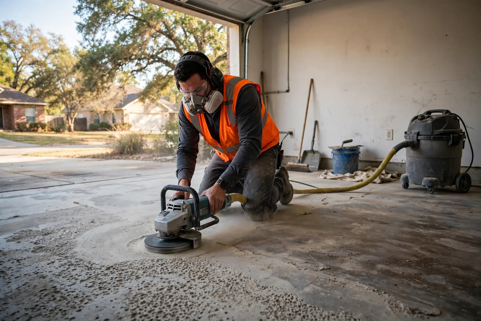 Diamond grinder opening concrete pores on a two-car garage floor before coating